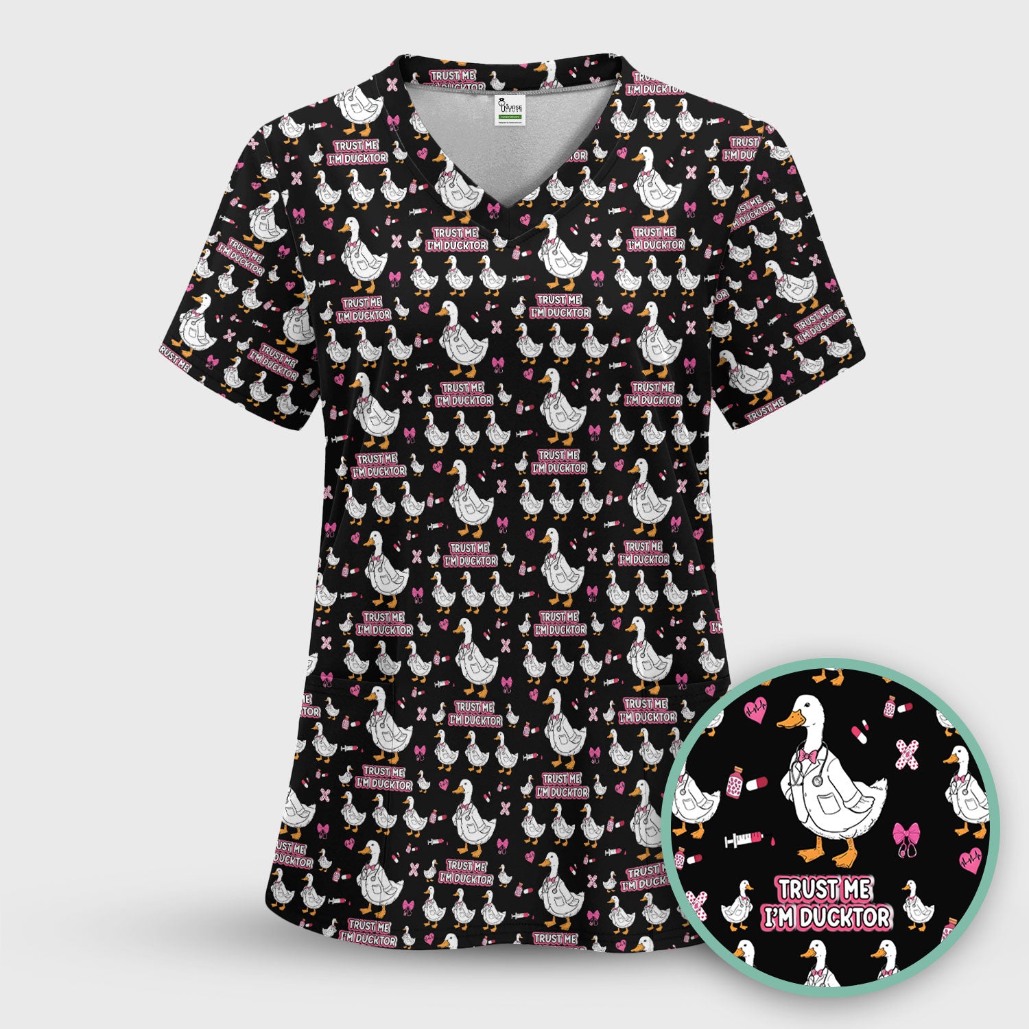 Trust Me I'm Ducktor Scrub Top, Funny Duck Pattern Scrub Shirt, Breathable Fabrics Nursing Uniform For Women