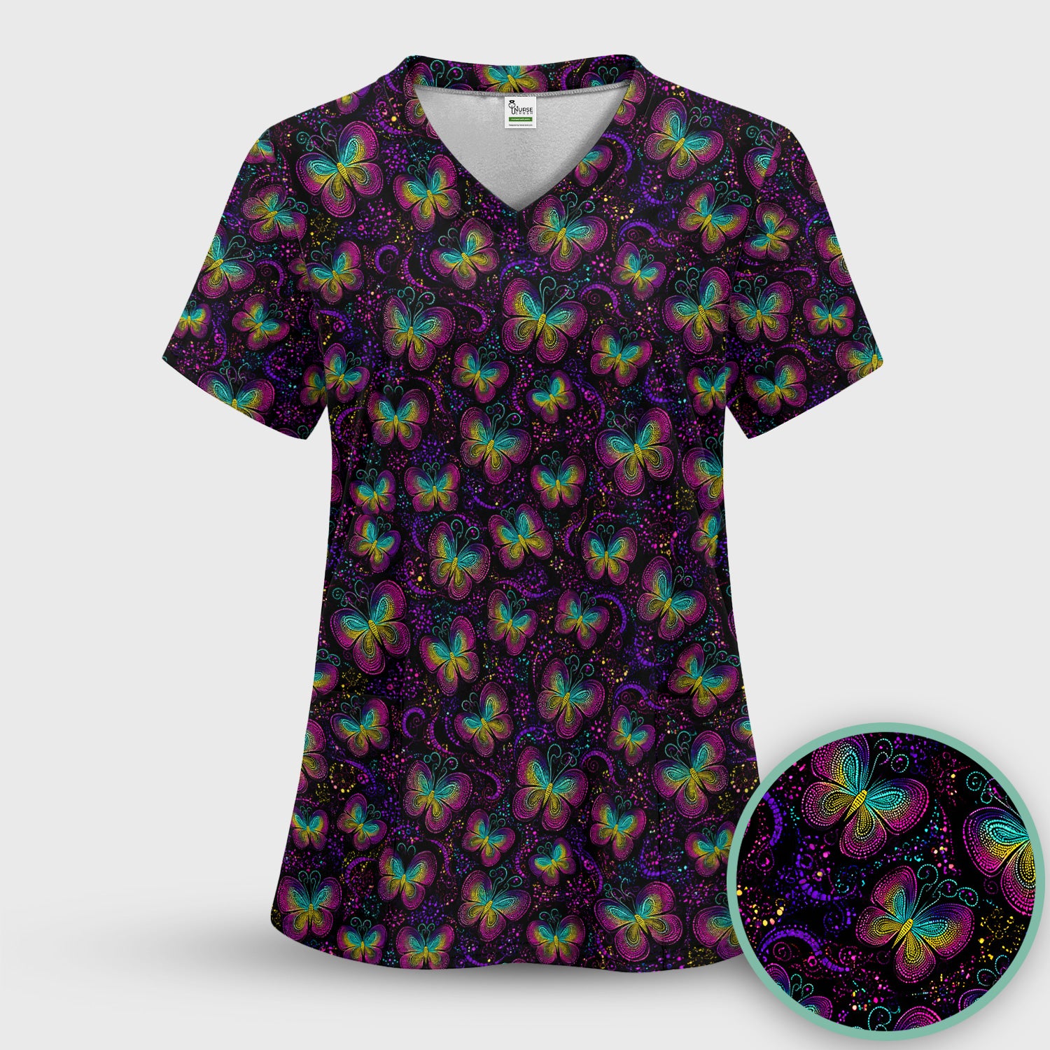 Cute Neon Butterfly Swirl Pattern Scrub Top, Comfortable Scrubs for Nurses