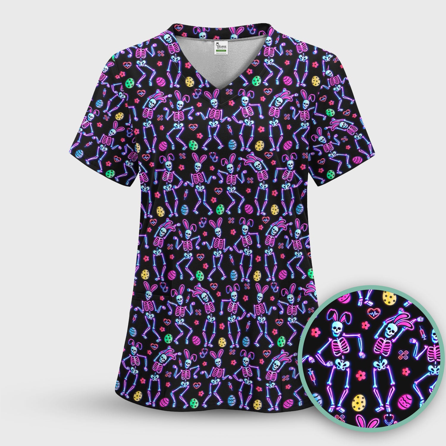 Neon Easter Skeleton Pattern Scrub Top, Comfortable Scrubs for Nurses