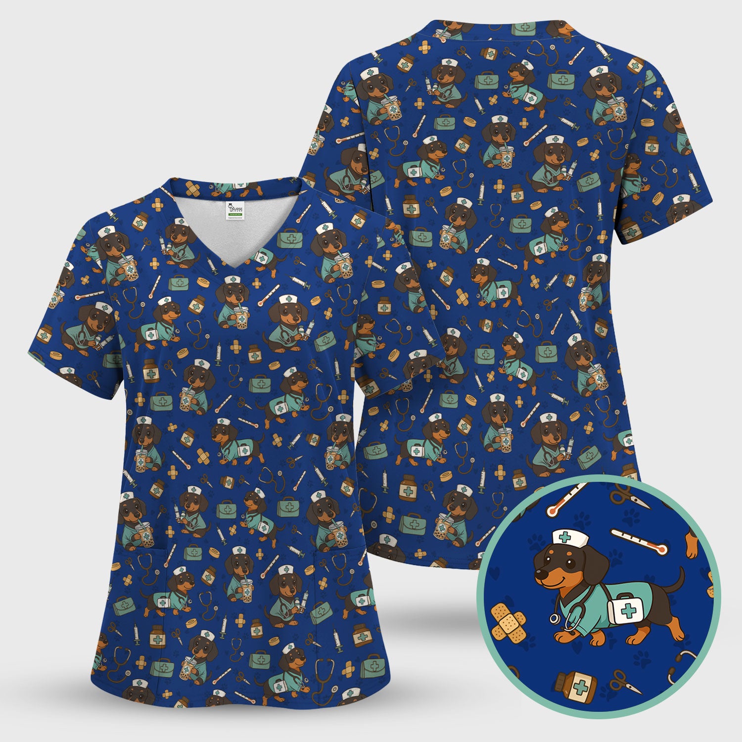 Funny Dachshund Nurse Scrubs - Cute Dog Print Medical Shirt - Holiday Nurse Scrub Top Gift for RN CNA Doctor, Women & Men