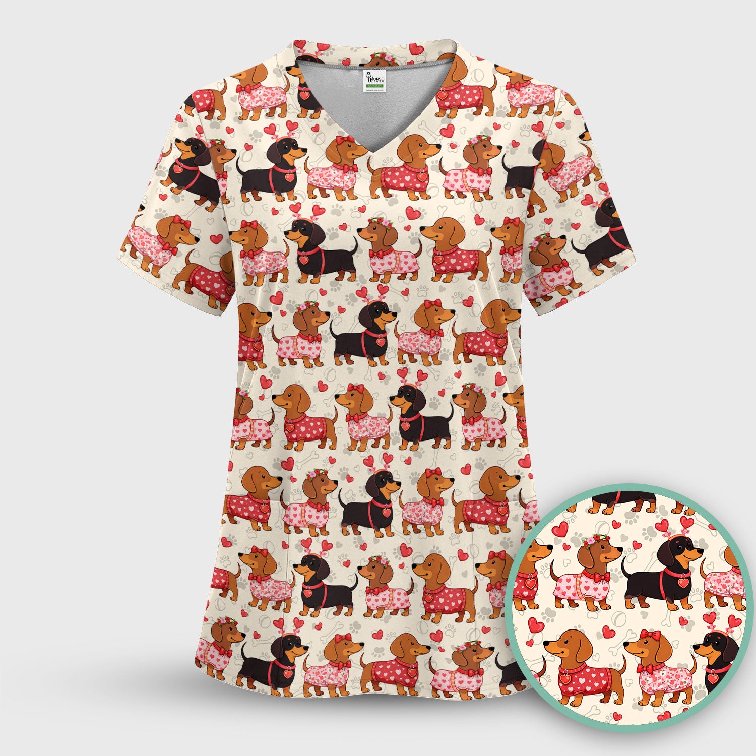 Valentine Dachshund Scrub Top, Wiener Dog Love Pattern Nurse Shirt, Breathable Fabrics Nursing Uniform