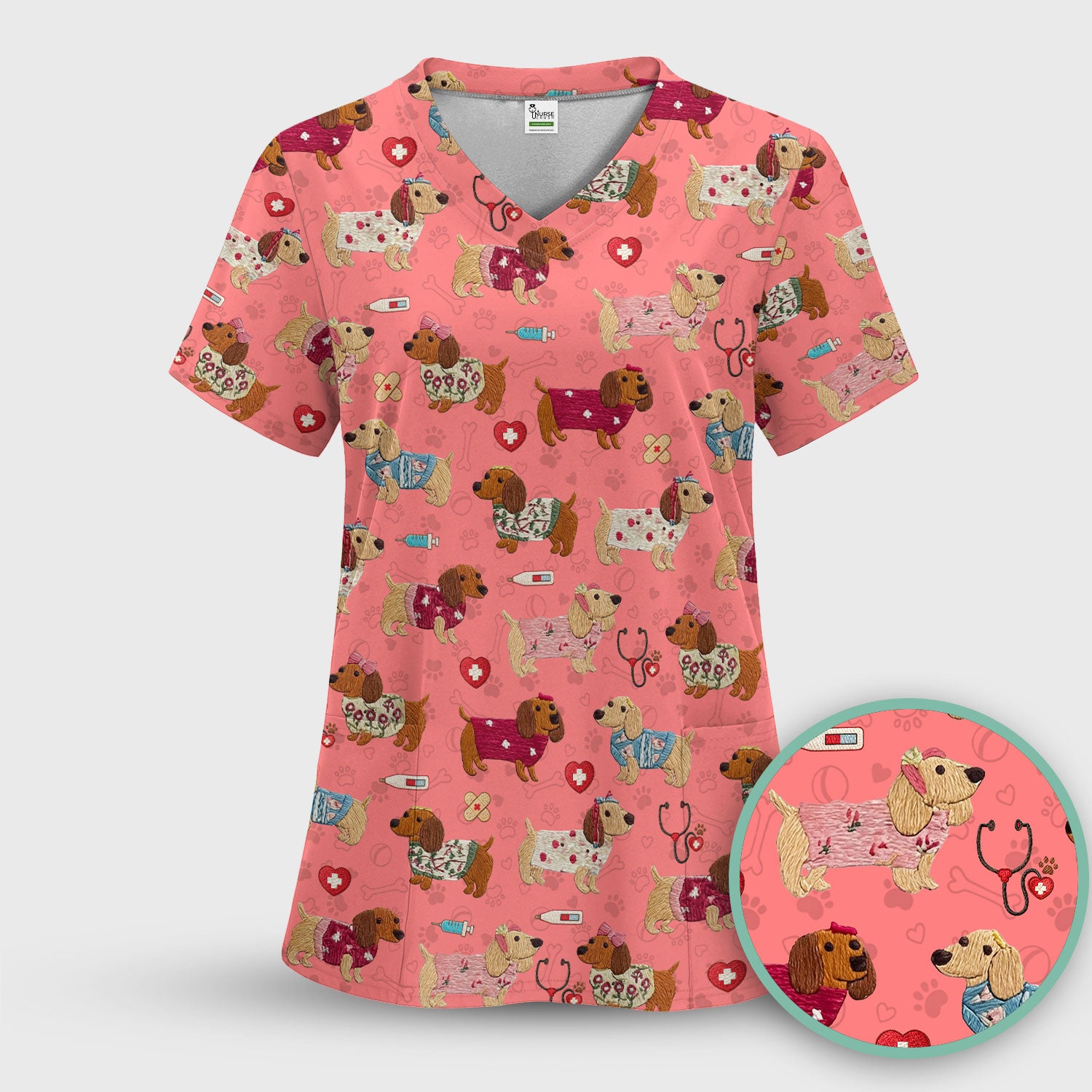 Cute Medical Wiener Dog Pattern Nurse Shirt, Dachshund Nursing Scrub Top, Breathable Fabrics Nursing Uniform