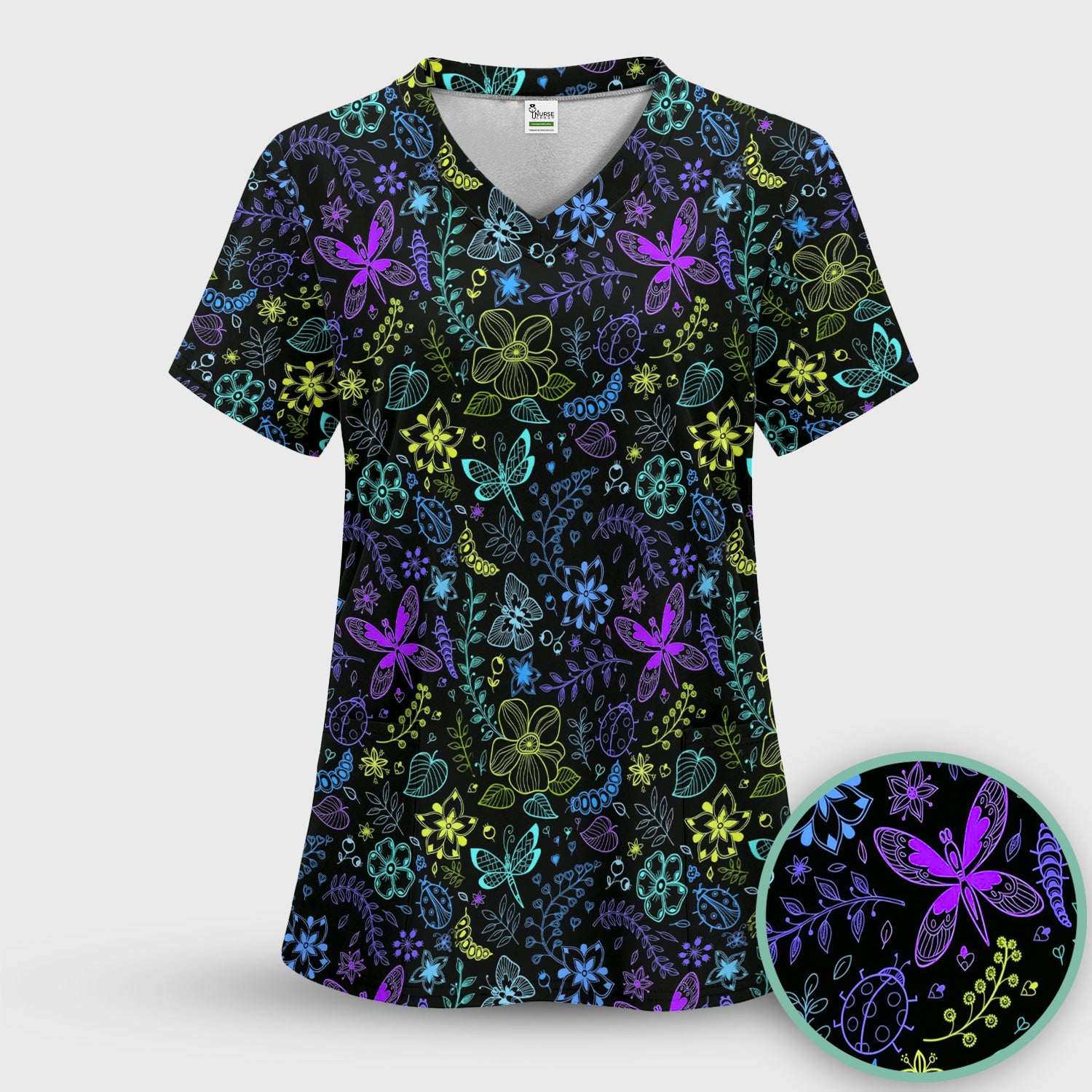 Neon Butterfly and Floral Garden Pattern Scrub Top, Comfortable Scrubs for Nurses