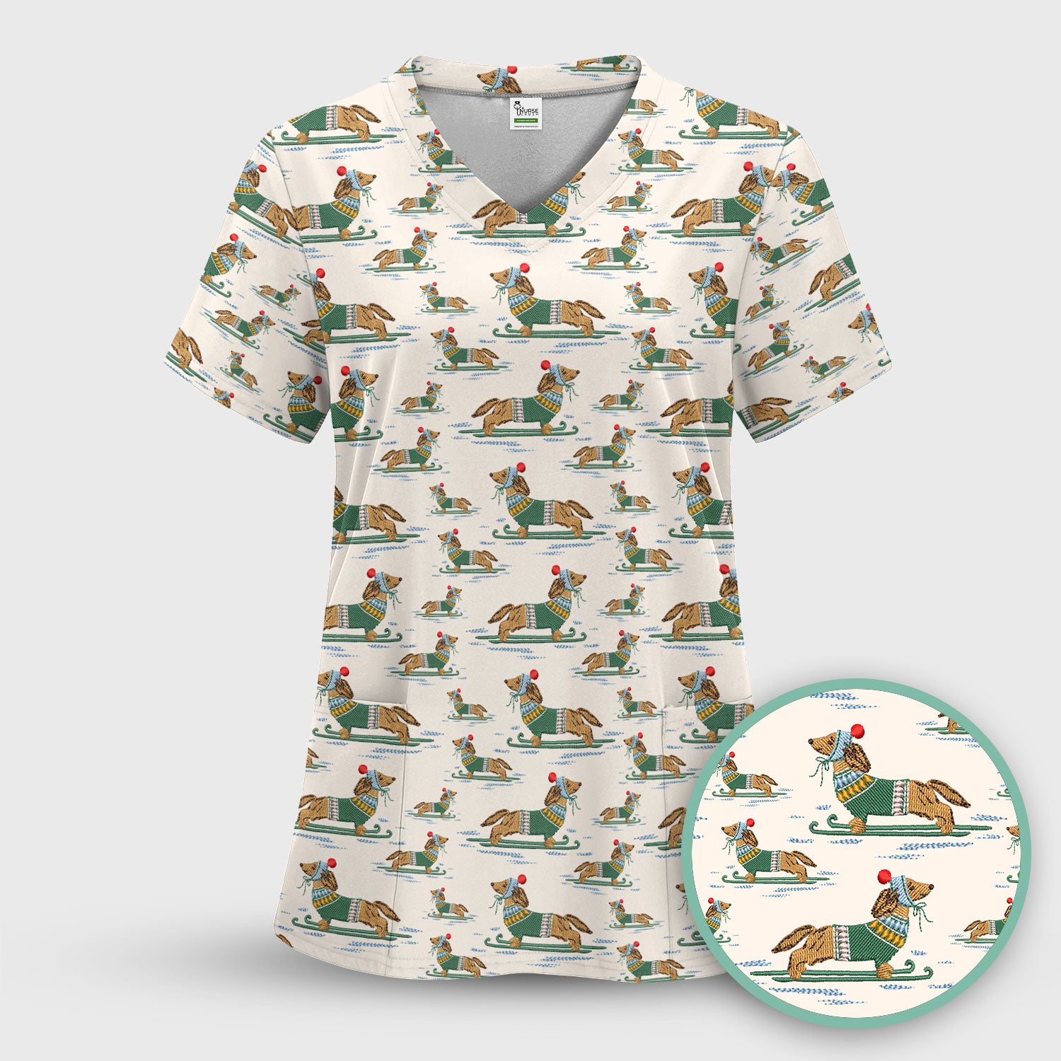 Dachshund Nurse Scrub Top, Wiener Dog Winter Pattern Shirt, Breathable Fabrics Nursing Uniform