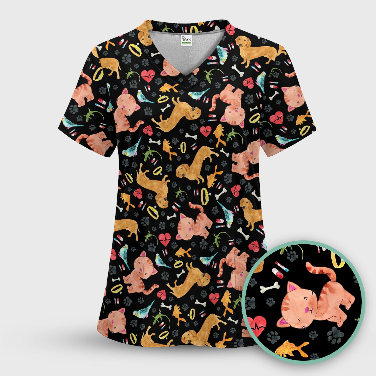 Cute Cat Dog Scrub Top - Animal Lover Medical Uniform - Funny Veterinary Nurse Shirt for Women RN CNA LPN