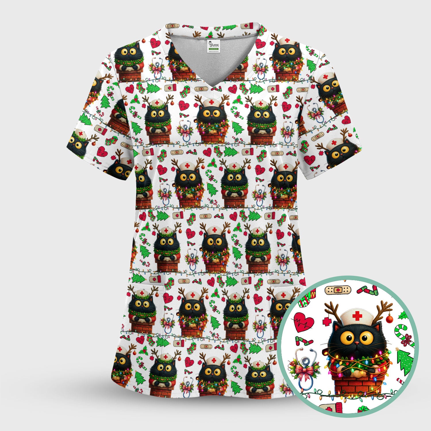 Christmas Black Cat Scrub Top for Nurse - Cute Reindeer Cat with Xmas Lights - Festive Holiday Medical Uniform for Women