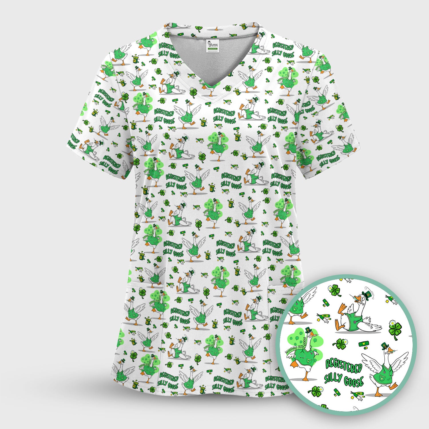 Silly Goose St. Patrick’s Day Scrub Top, Funny Goose Shamrock Pattern Nurse Scrub Shirt, Irish Green Nursing Uniform