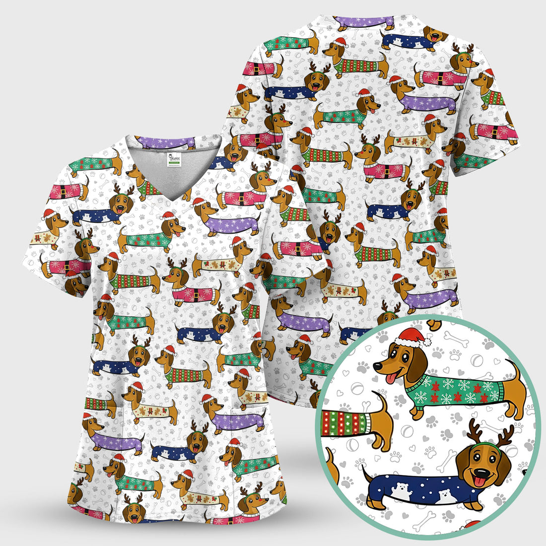 Christmas Dachshund Scrub Top for Women - Cute Dog Nursing Uniform with Pockets - Holiday Reindeer Wiener Dog Shirt - Funny Vet Tech Workwear
