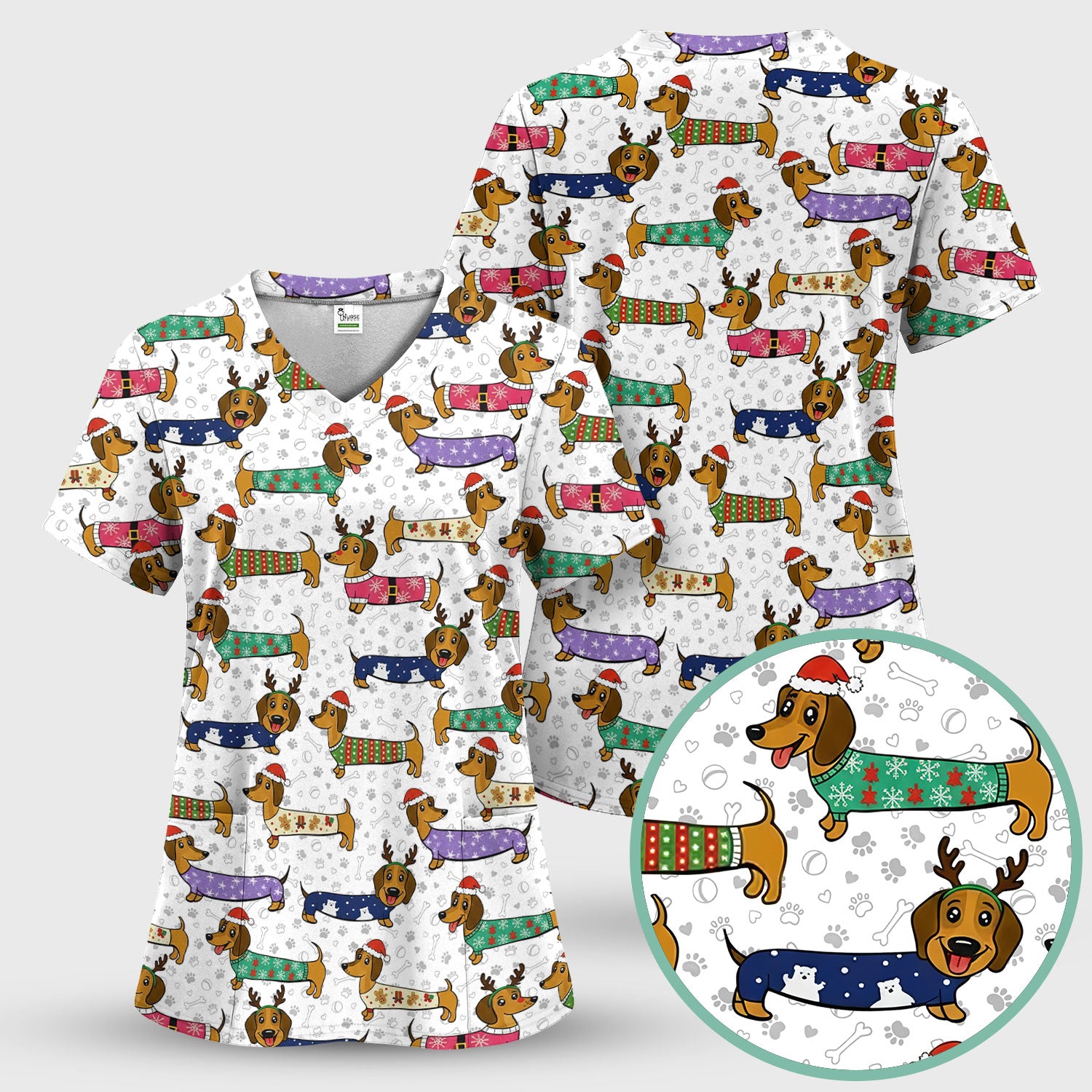 Christmas Dachshund Scrub Top for Women - Cute Dog Nursing Uniform with Pockets - Holiday Reindeer Wiener Dog Shirt - Funny Vet Tech Workwear