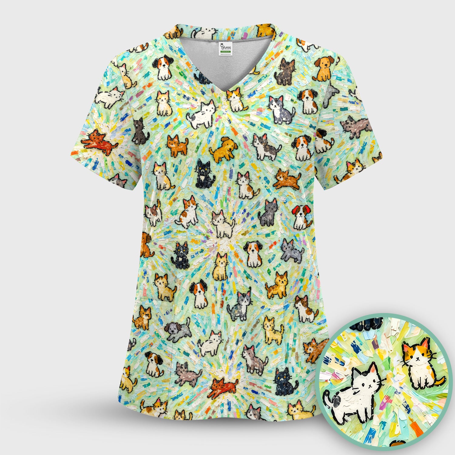 Colorful Cats Dogs Doodle Pattern Scrub Top, Comfortable Scrubs for Nurses