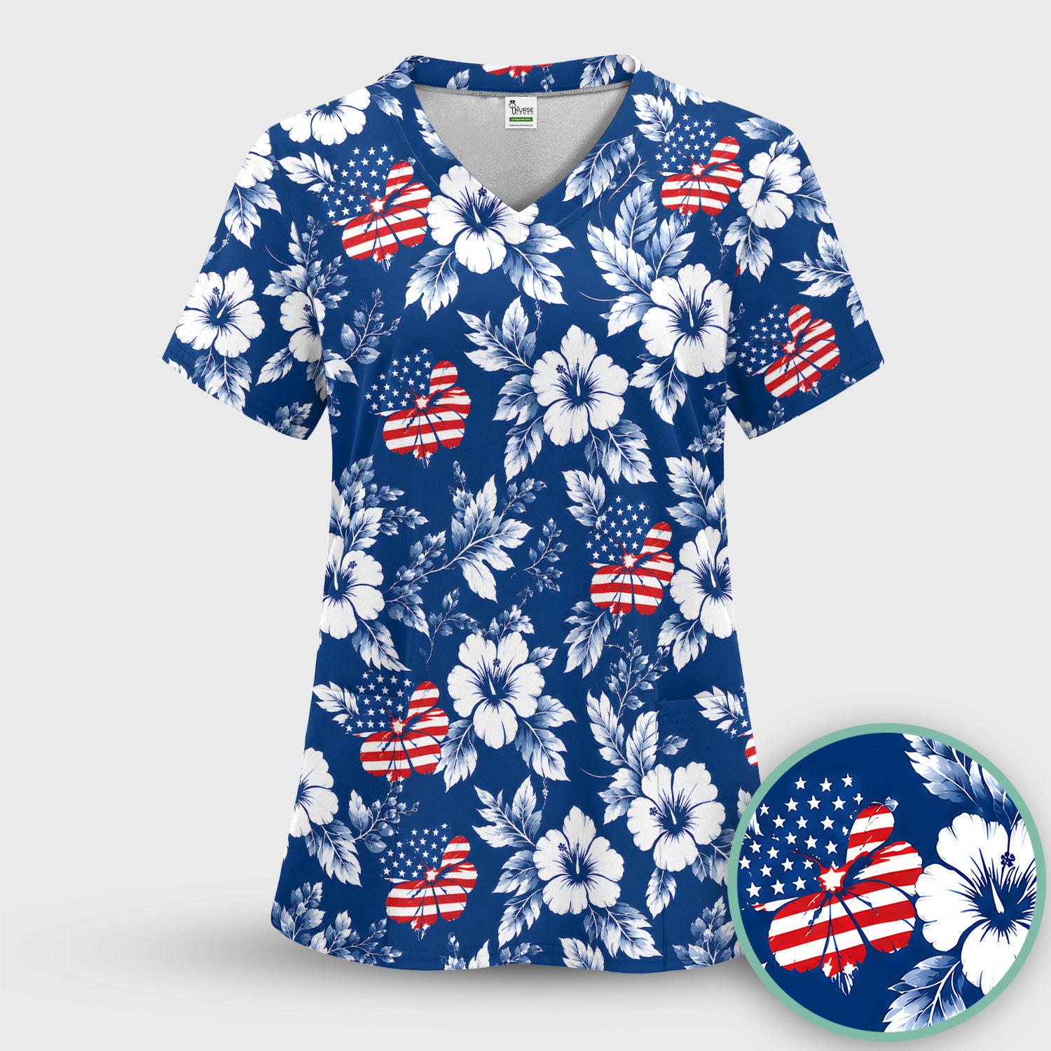 Patriotic Butterfly Floral Nurse for RN & CNA, American Flag Healthcare Workers Uniform Scrub Top, Comfortable Scrubs for Nurses