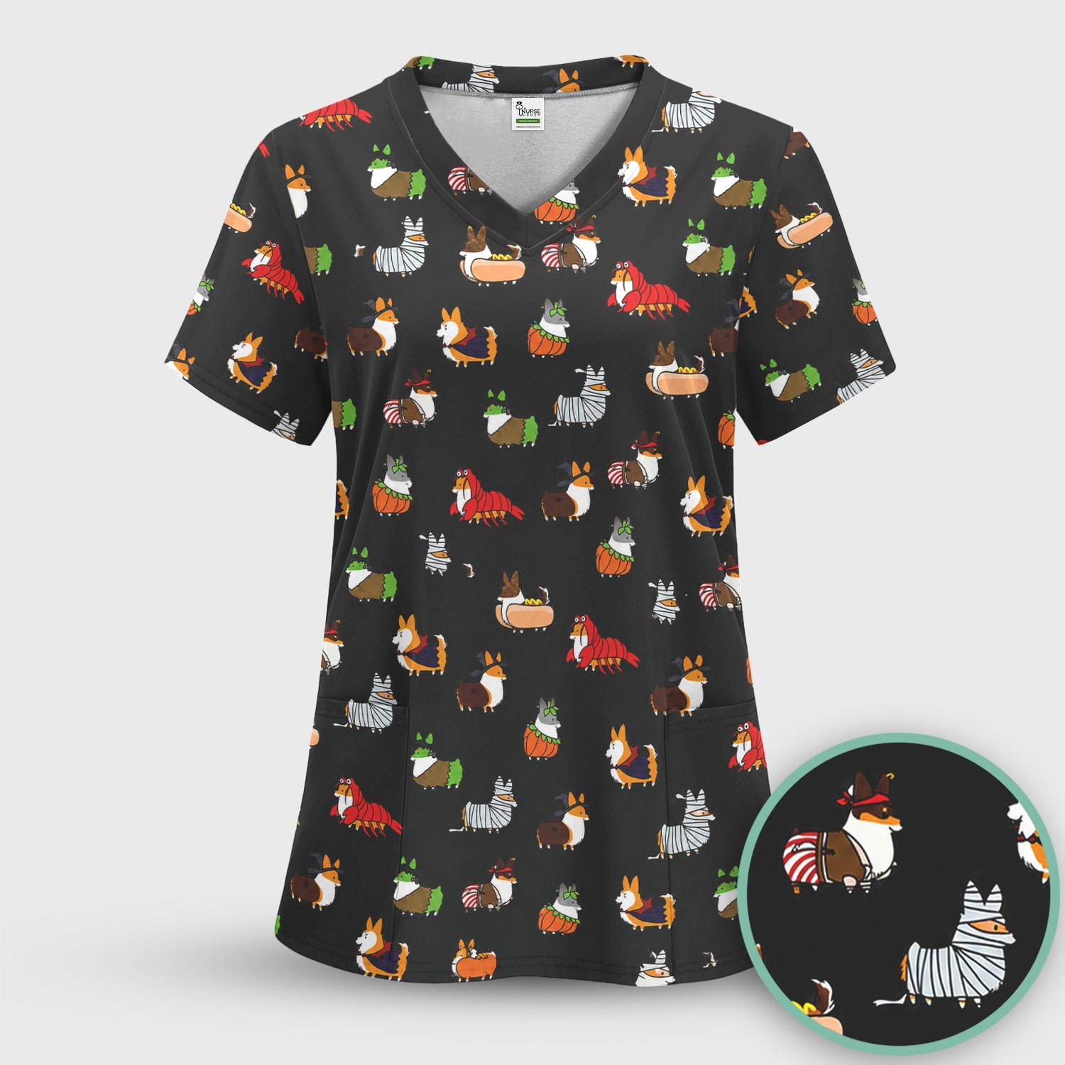 Cute Halloween Costume Corgis Scrub Top, Comfortable Scrubs for Nurses