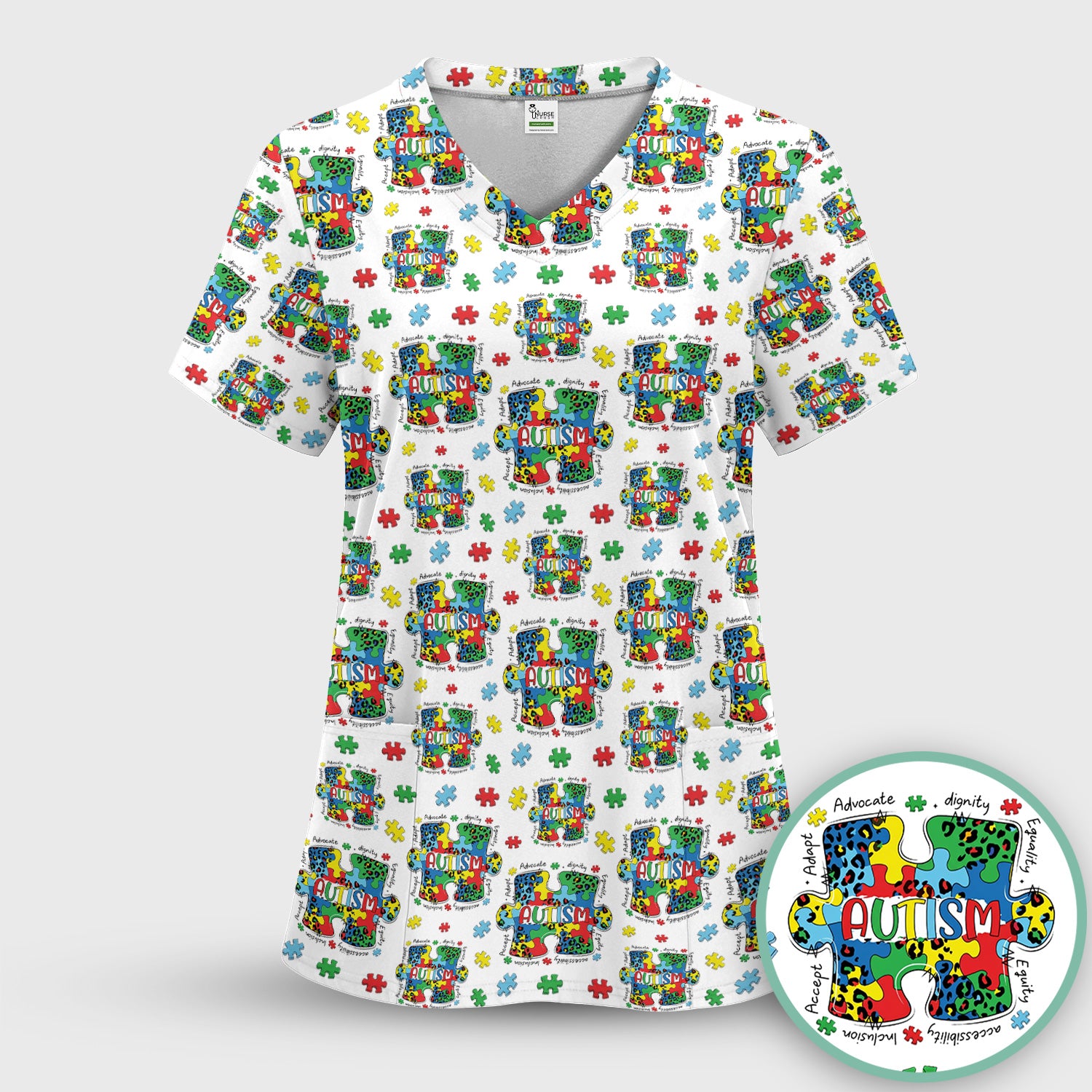 Autism Awareness Puzzle Pattern Scrub Set, Scrub Pants and V Neck Top
