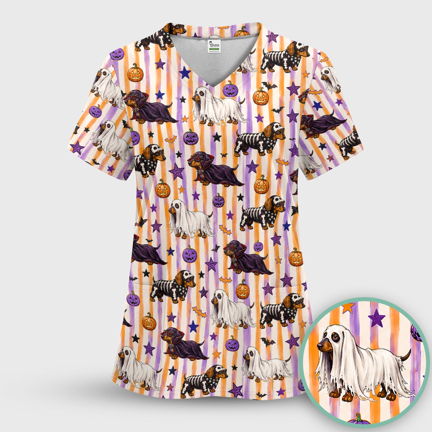 Halloween Dachshund Stripe Pattern Scrub Top, Comfortable Scrubs for Nurses