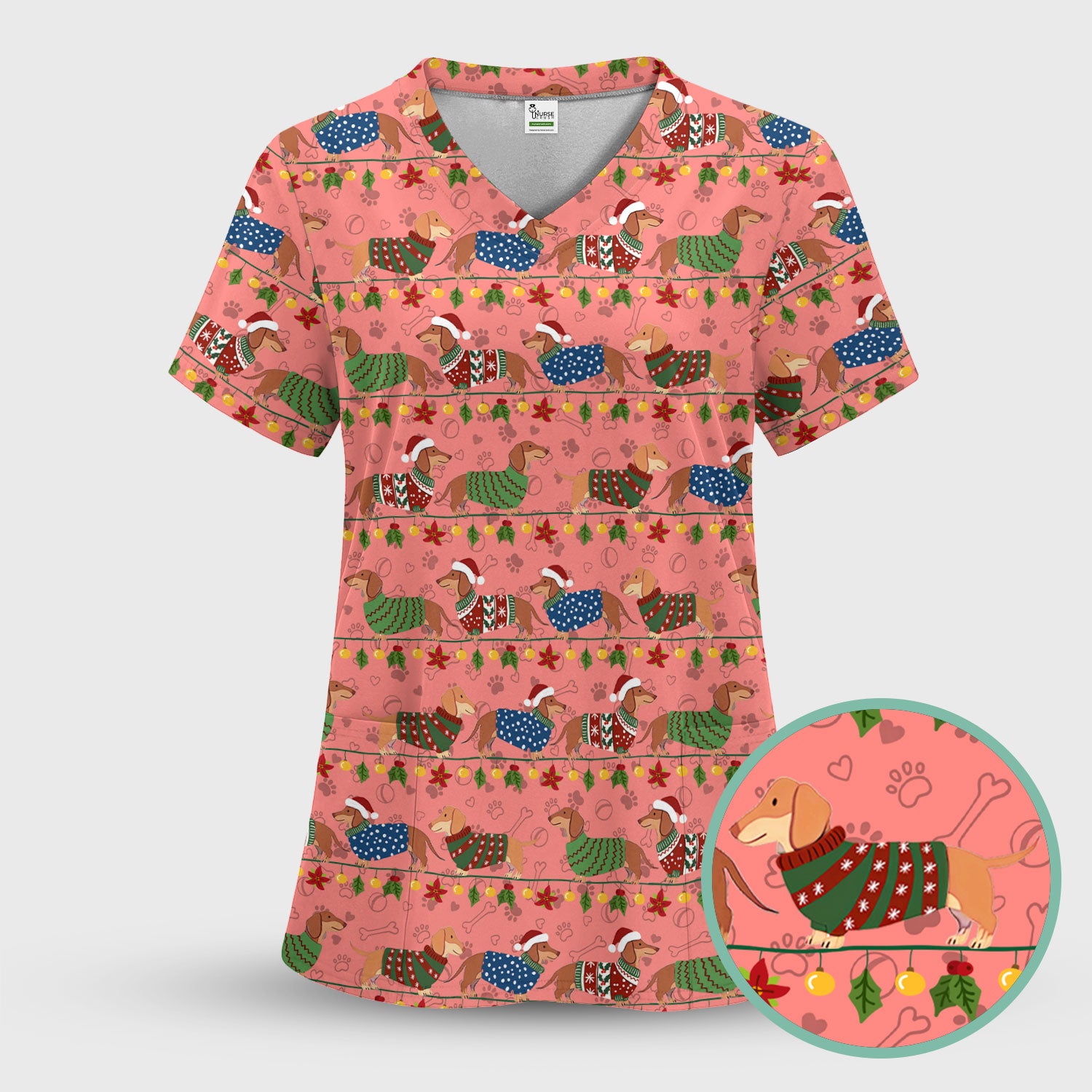 Holiday Wiener Dog Nurse Scrub Top - Festive Sausage Dog Christmas Medical Shirt for RN CNA LPN Women