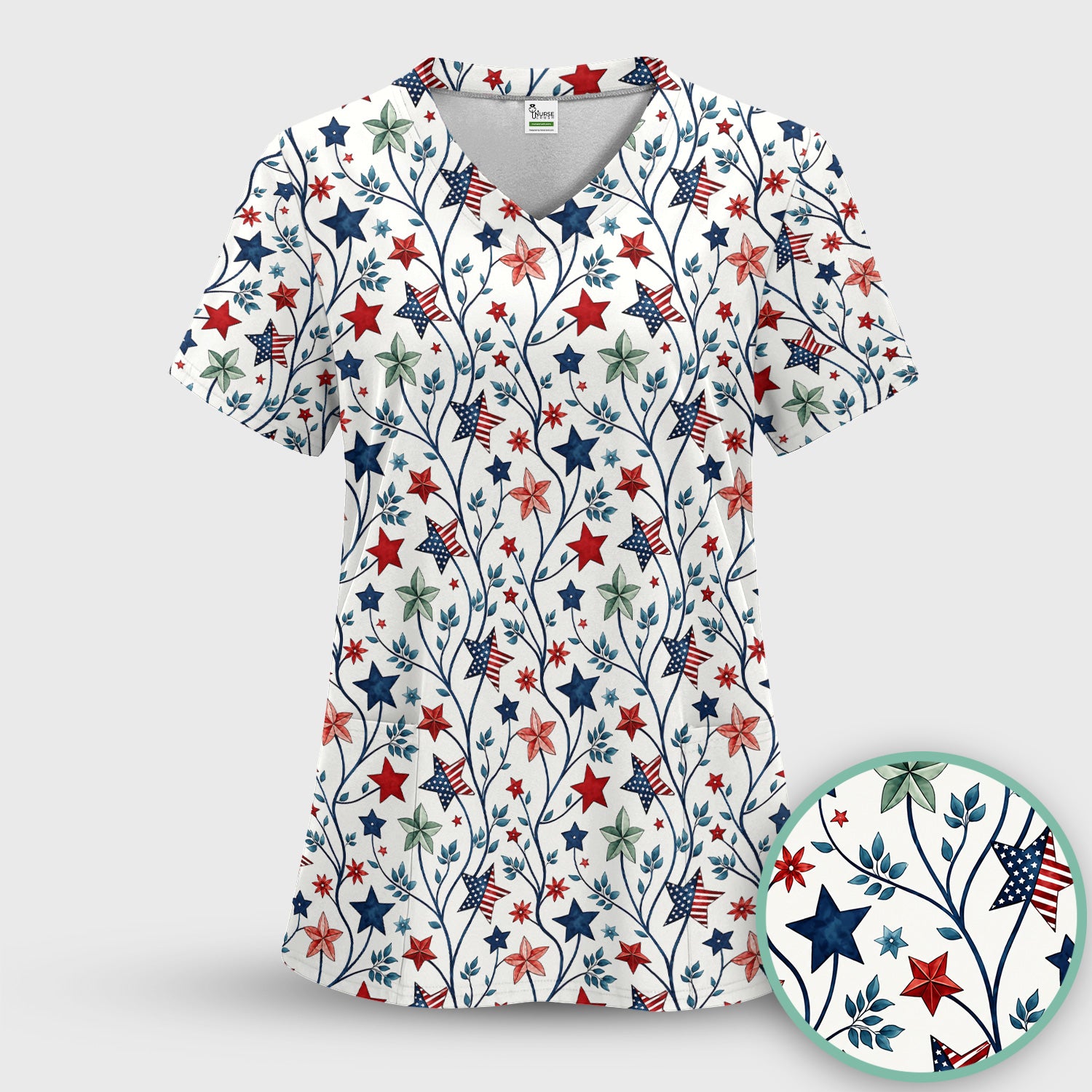 Patriotic Star Vine Floral Print Scrub Top, Comfortable Scrubs for Nurses