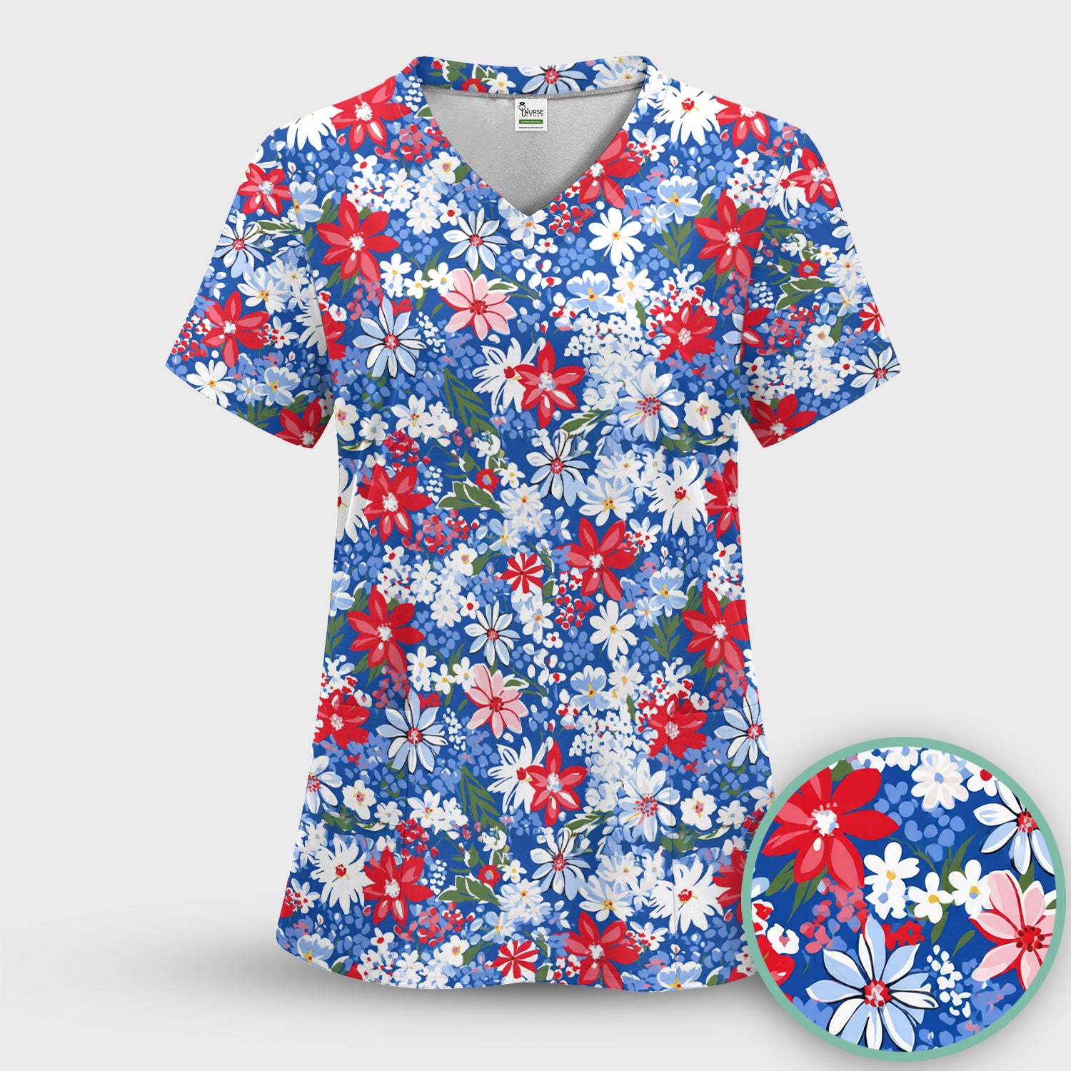 Patriotic Red White Blue Floral Garden Print Scrub Top, Comfortable Scrubs for Nurses