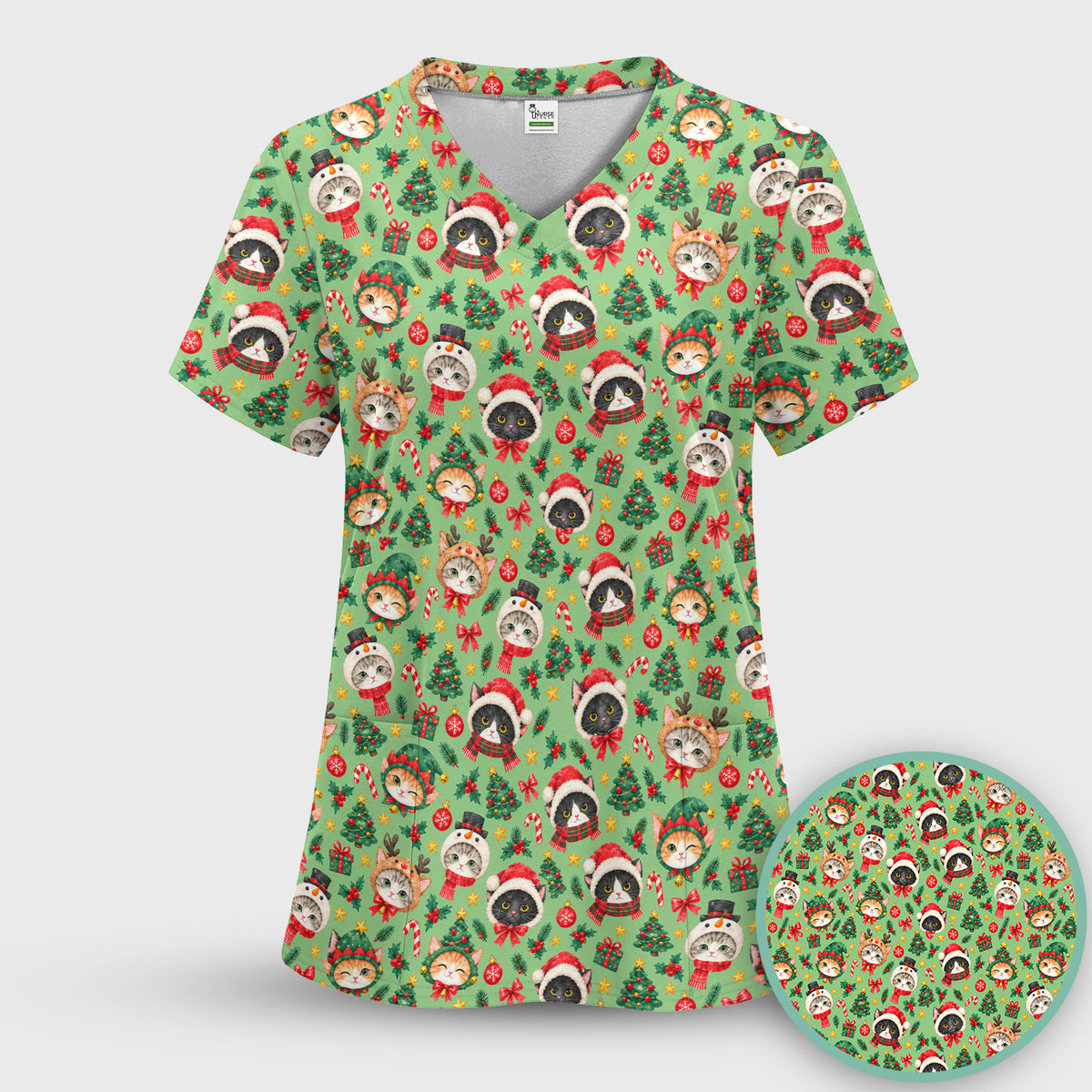 Christmas Cats And Trees Pattern Scrub Set, Scrub Pants and V Neck Top