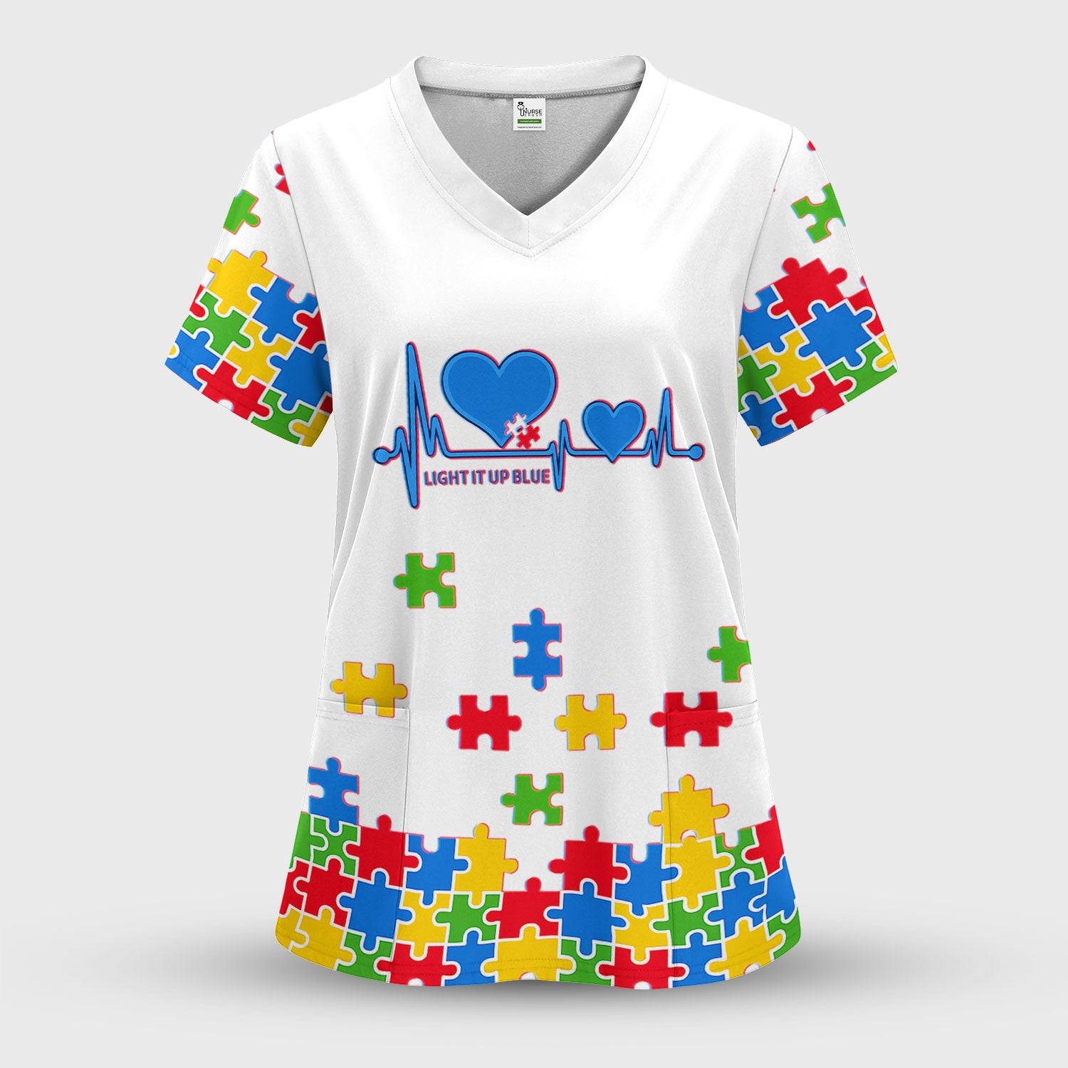 Autism Puzzle Heartbeat Light It Up Blue Print Scrub Top, Comfortable Scrubs for Nurses