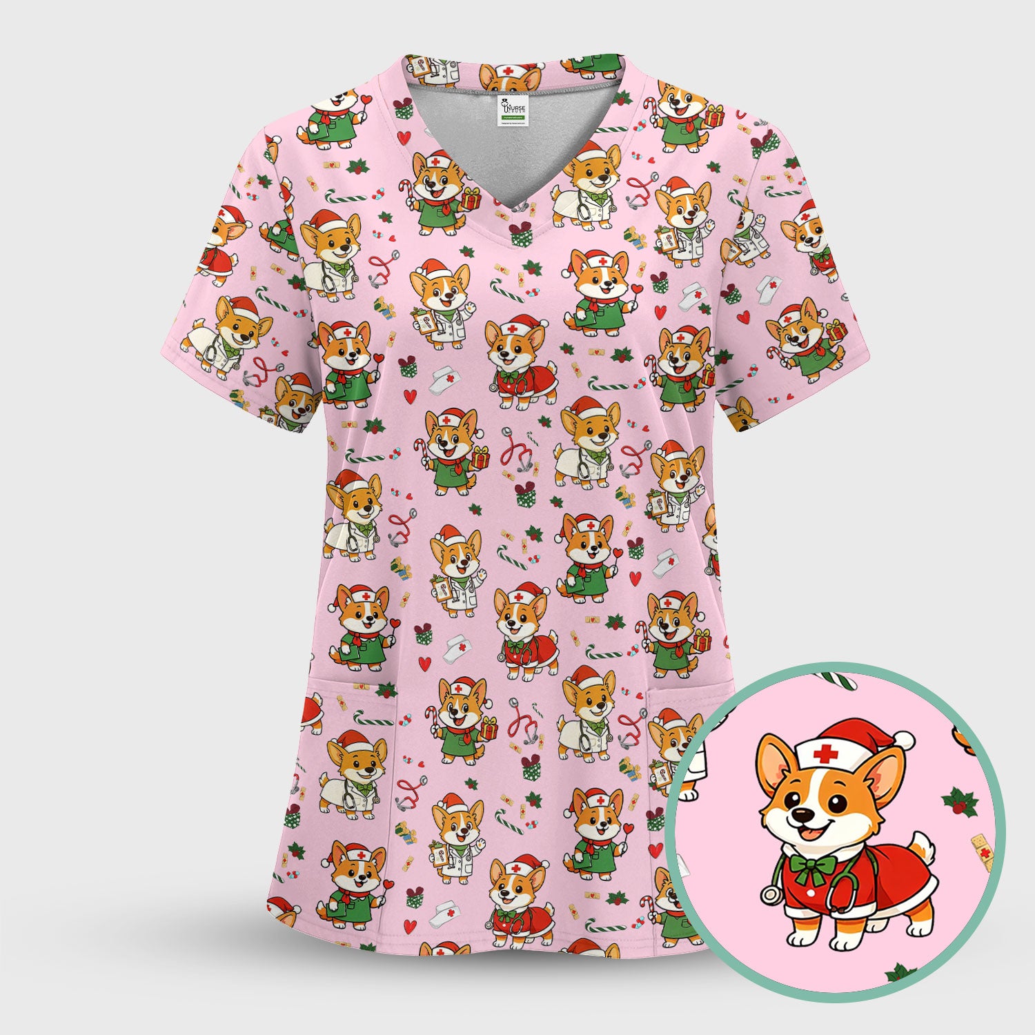 Christmas Corgi Nurse Scrub Top - Cute Dog Holiday Medical Uniform for Women - Funny RN CNA LPN Nursing Shirt Gift