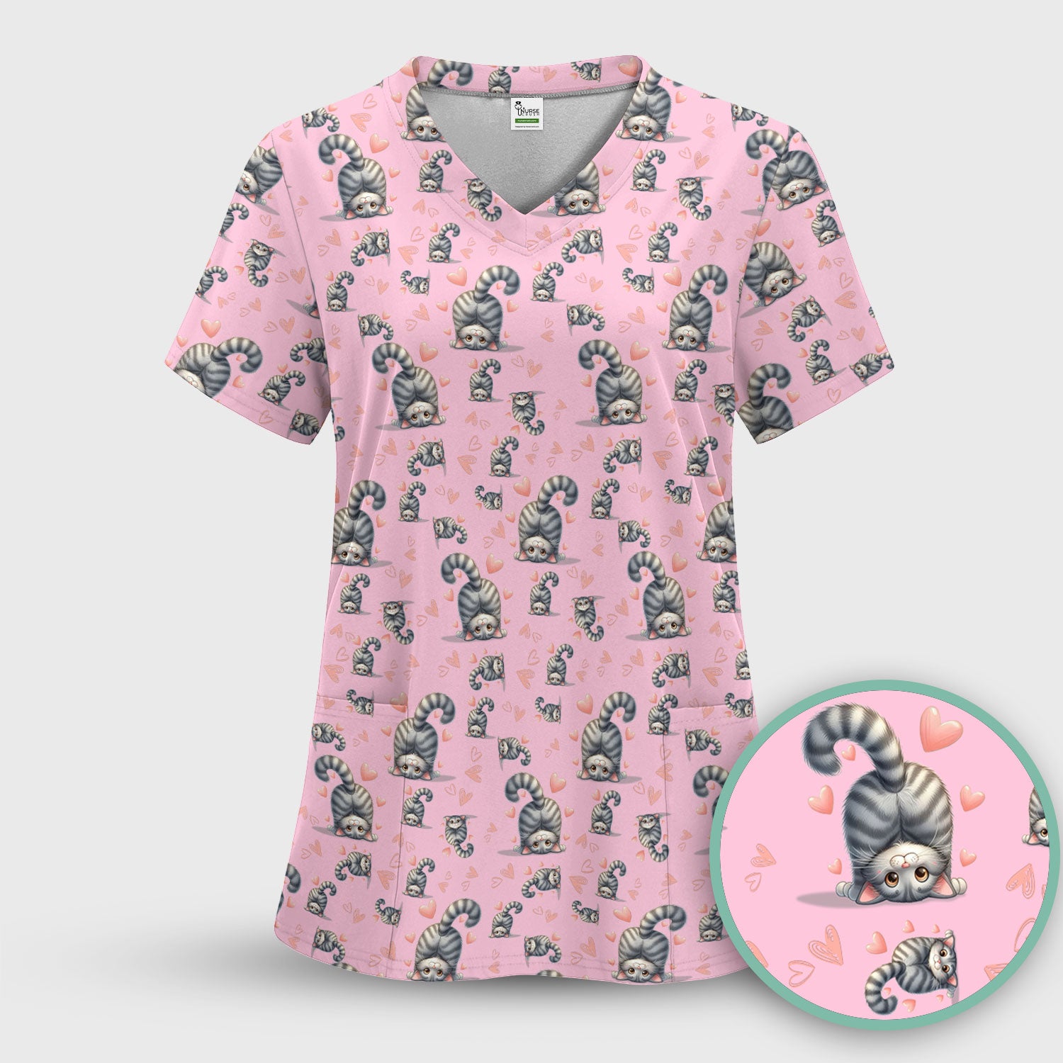 Valentine Cute Cat Scrub Top, Cat Heart Pattern Nurse Uniform, Comfortable Scrubs For Nurses