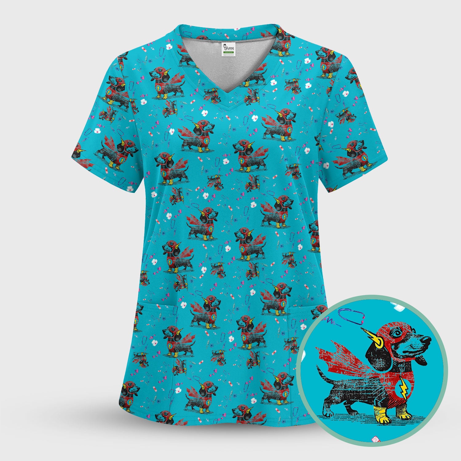 Super Nurse Dachshund Scrub Shirt - Hero Sausage Dog Print Medical Top - Funny Dog Print Gift for Nurses RN CNA LPN