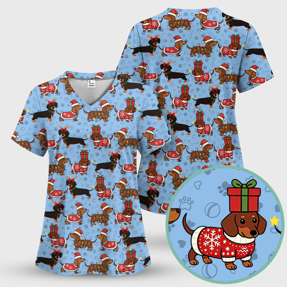 Christmas Dachshund T-Shirt Multi Color - Cute Sausage Dog Wearing Santa Outfit - Funny Holiday Wiener Dog Tee Gift for Dog Lovers