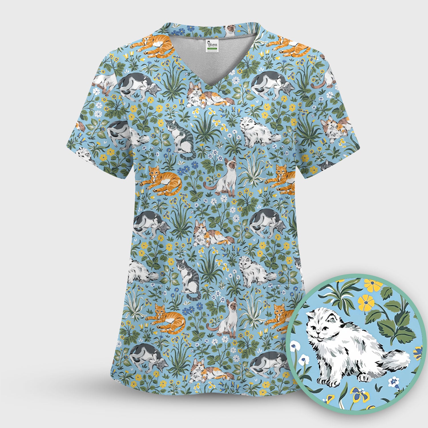 Floral Cat Garden Medical Pattern Scrub Top, Comfortable Scrubs for Nurses