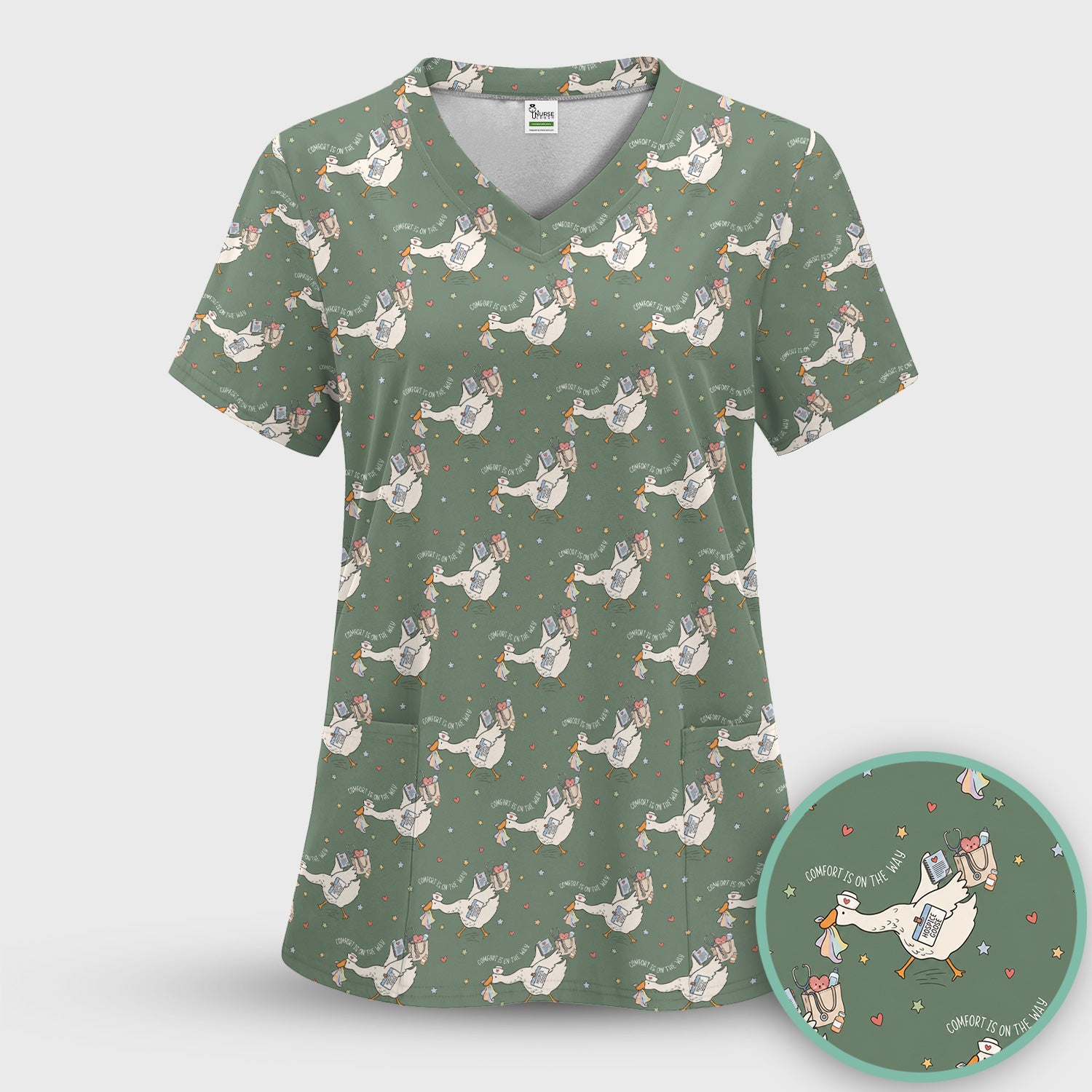 Cute Comfort Is On The Way Goose Scrub Set, Scrub Pants and V Neck Top