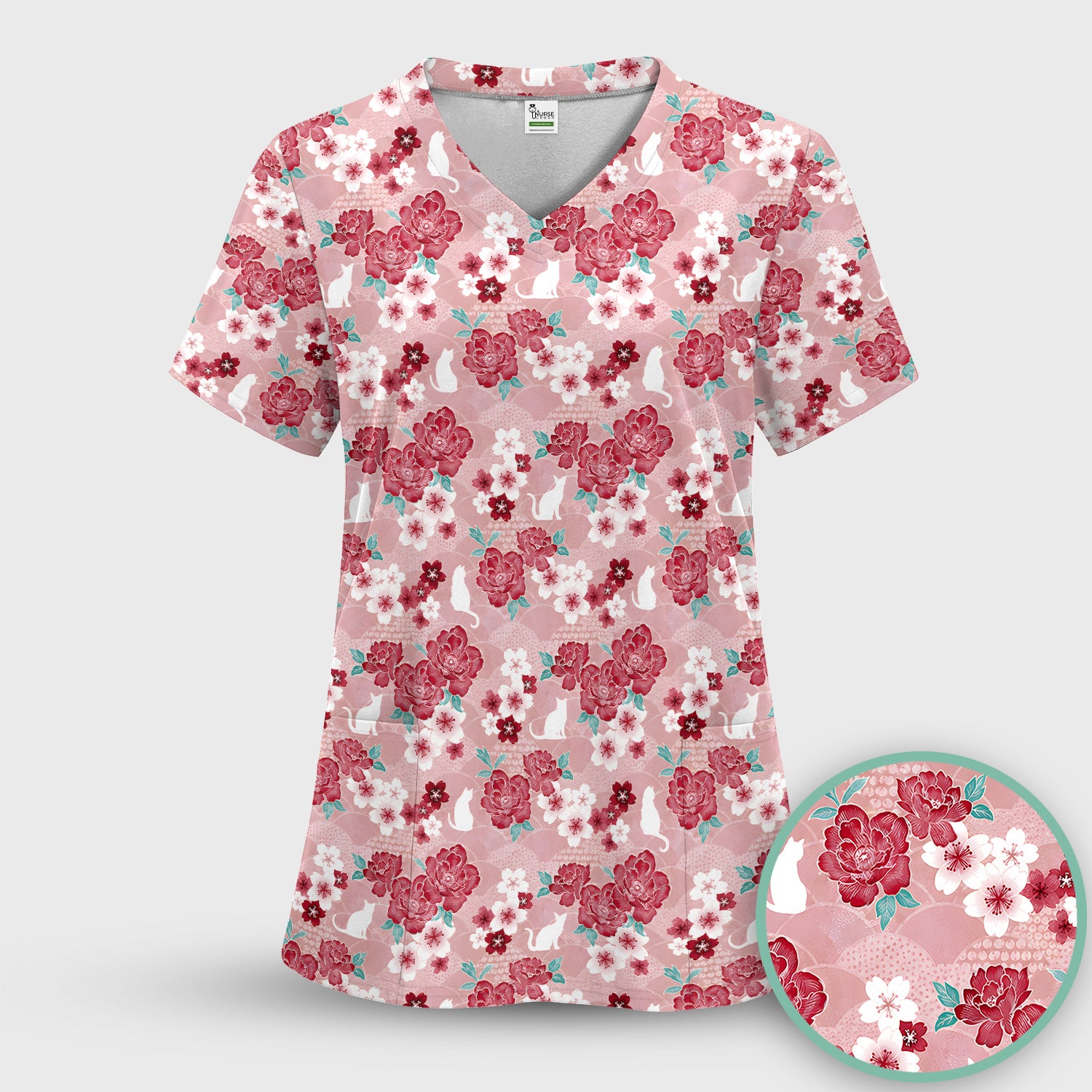 Floral White Cat Nurse Scrub Top for RN, CNA, Veterinary Staff, Cat Lover Uniform