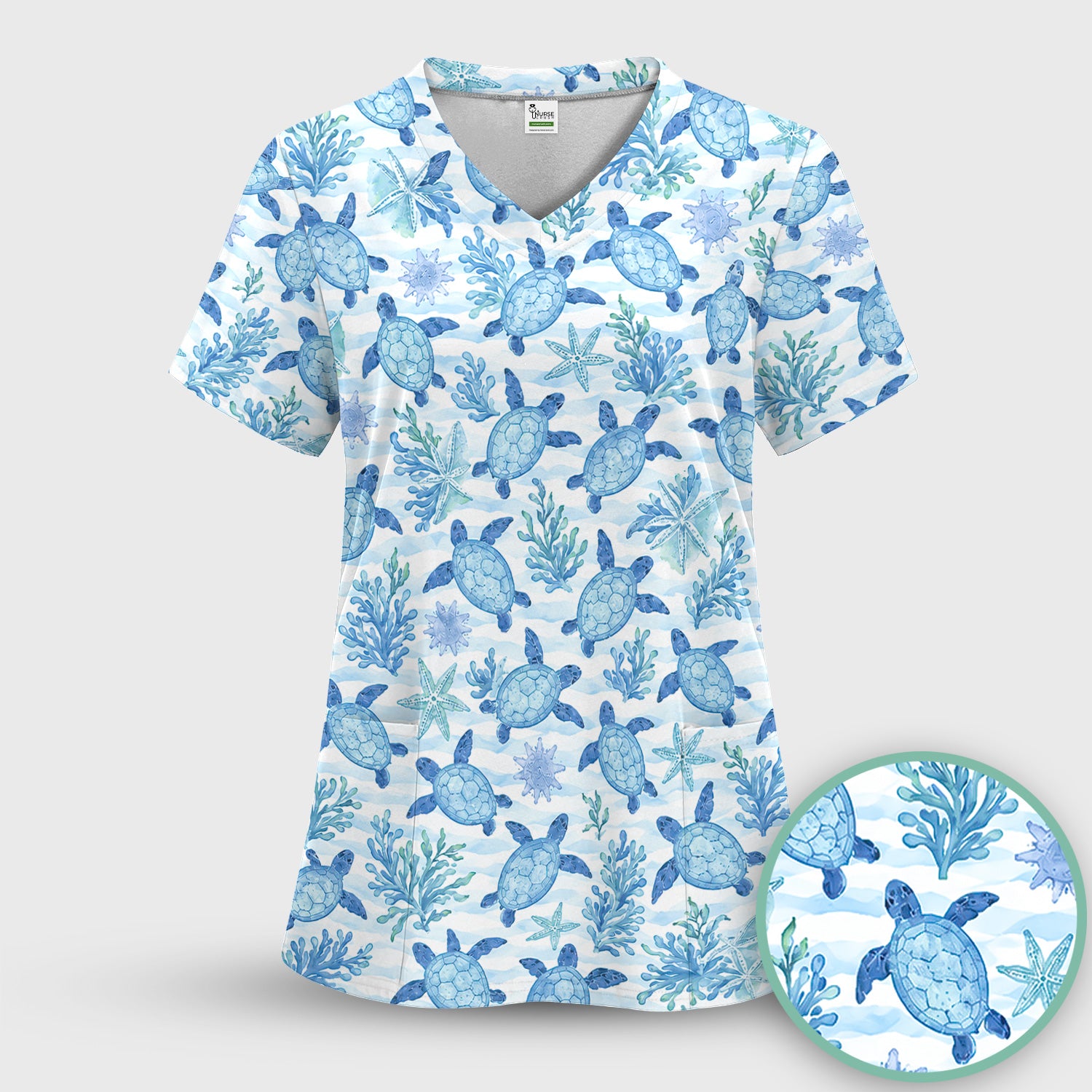 Cute Coastal Sea Turtle Coral Pattern Scrub Top, Comfortable Scrubs for Nurses
