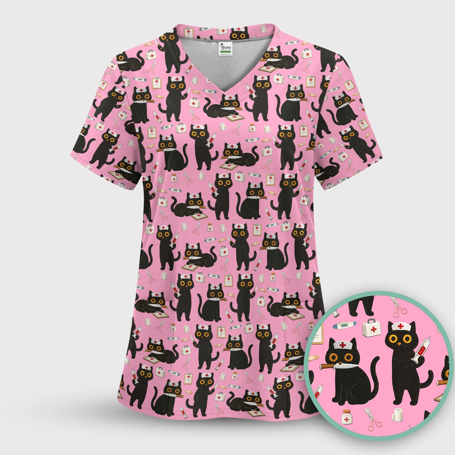 Cute Black Cat Nurse Pattern Women's Scrub Set, Breathable Med Uniform