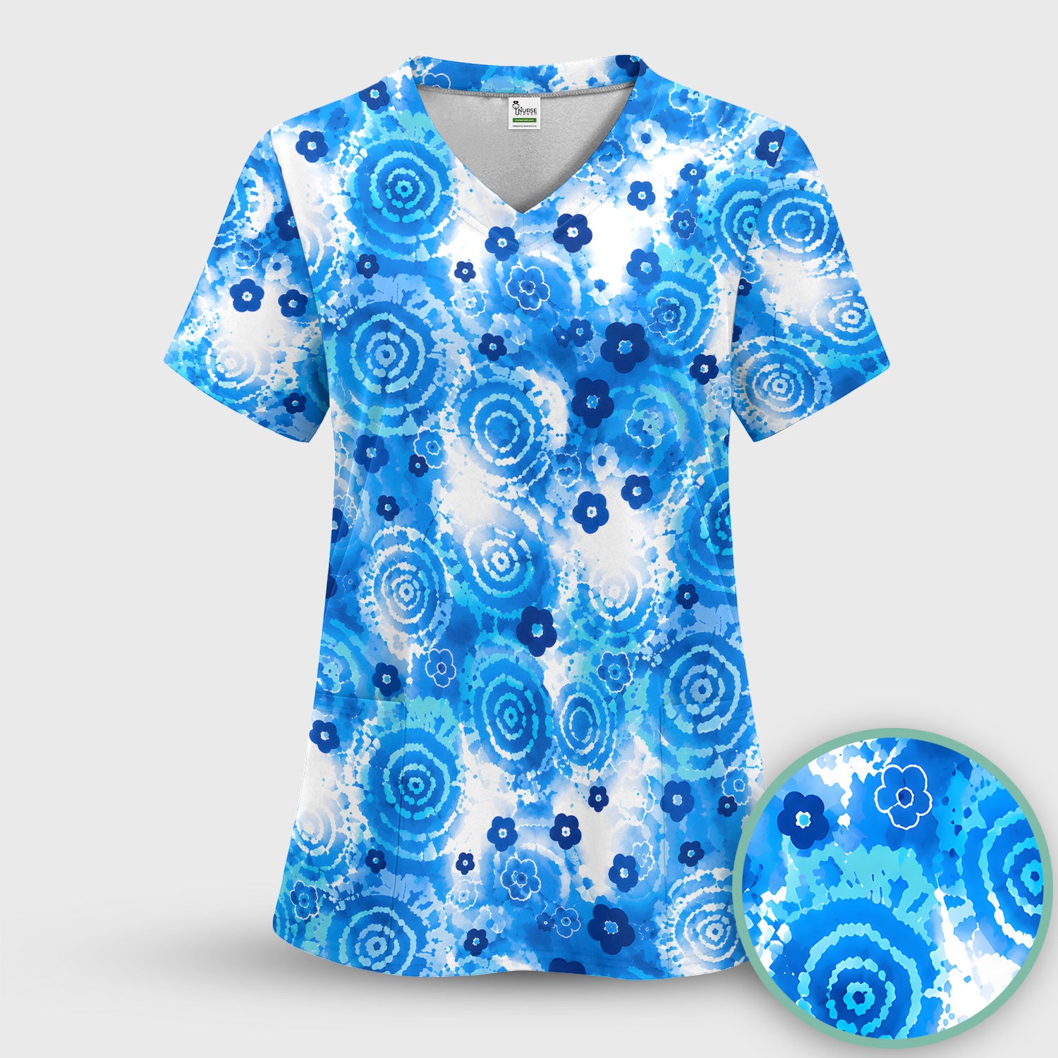 Blue Floral Spiral Nurse Pattern Scrub Top, Breathable Fabrics Nursing Uniform Scrub Top, Comfortable Scrubs for Nurses