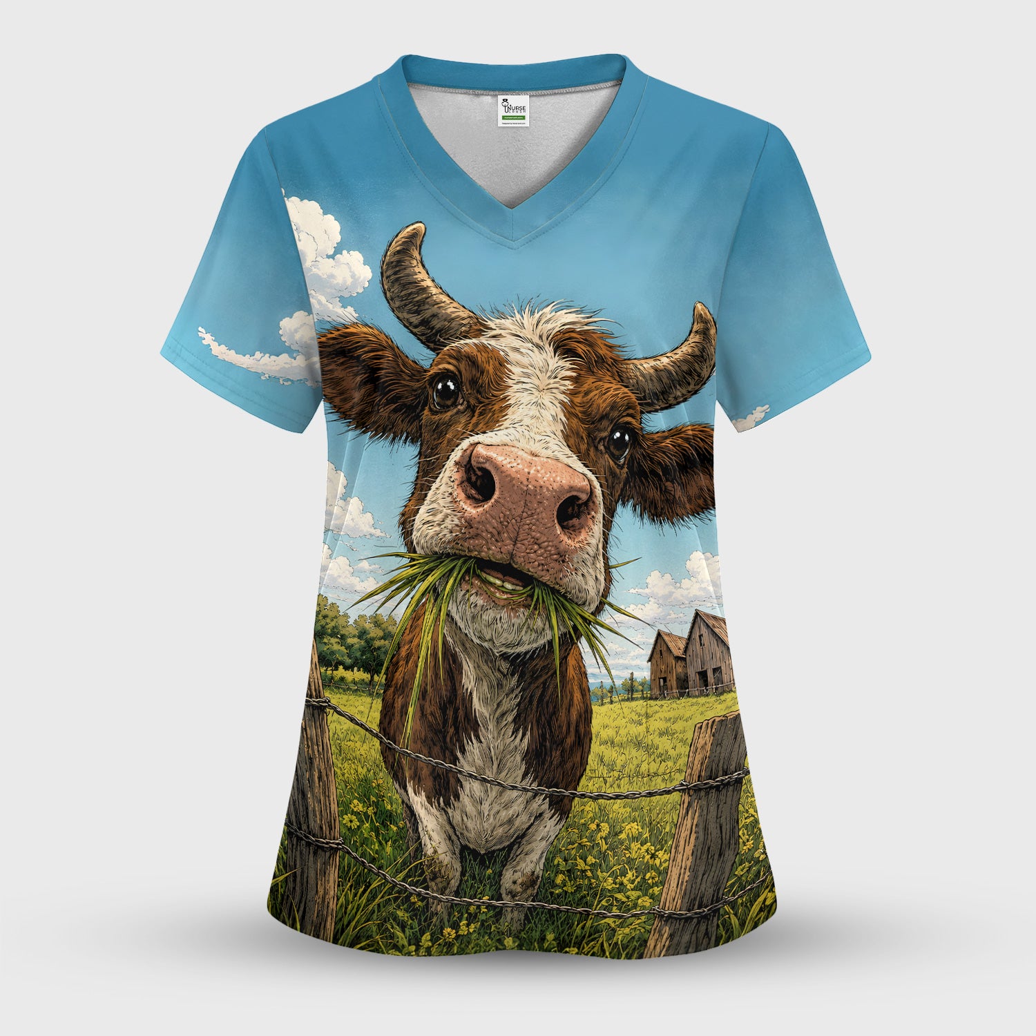 Curious Highland Cow Farm Scene Scrub Top, Comfortable Scrubs for Nurses