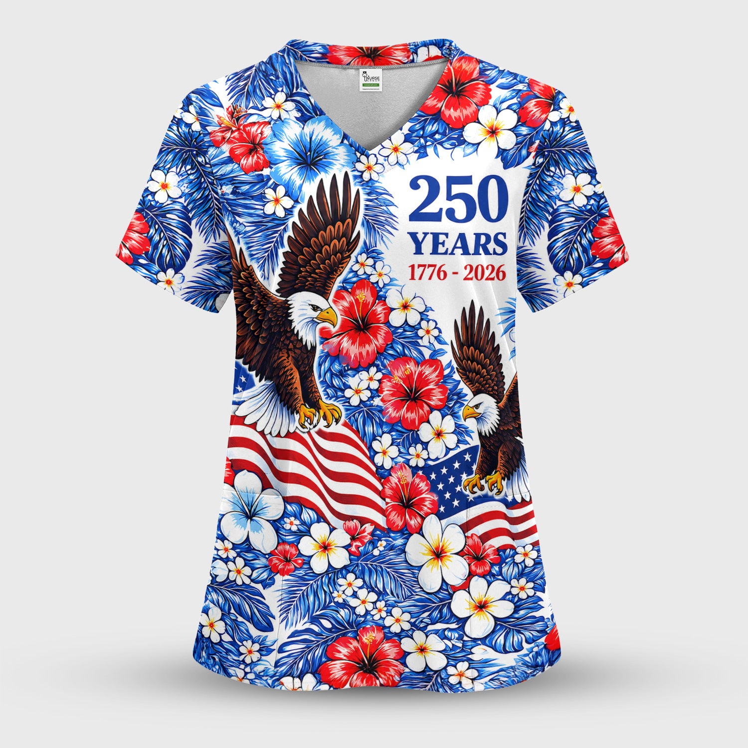 Patriotic Eagle Floral Pattern, America 250 Medical Scrub Top, Comfortable Scrubs for Nurses
