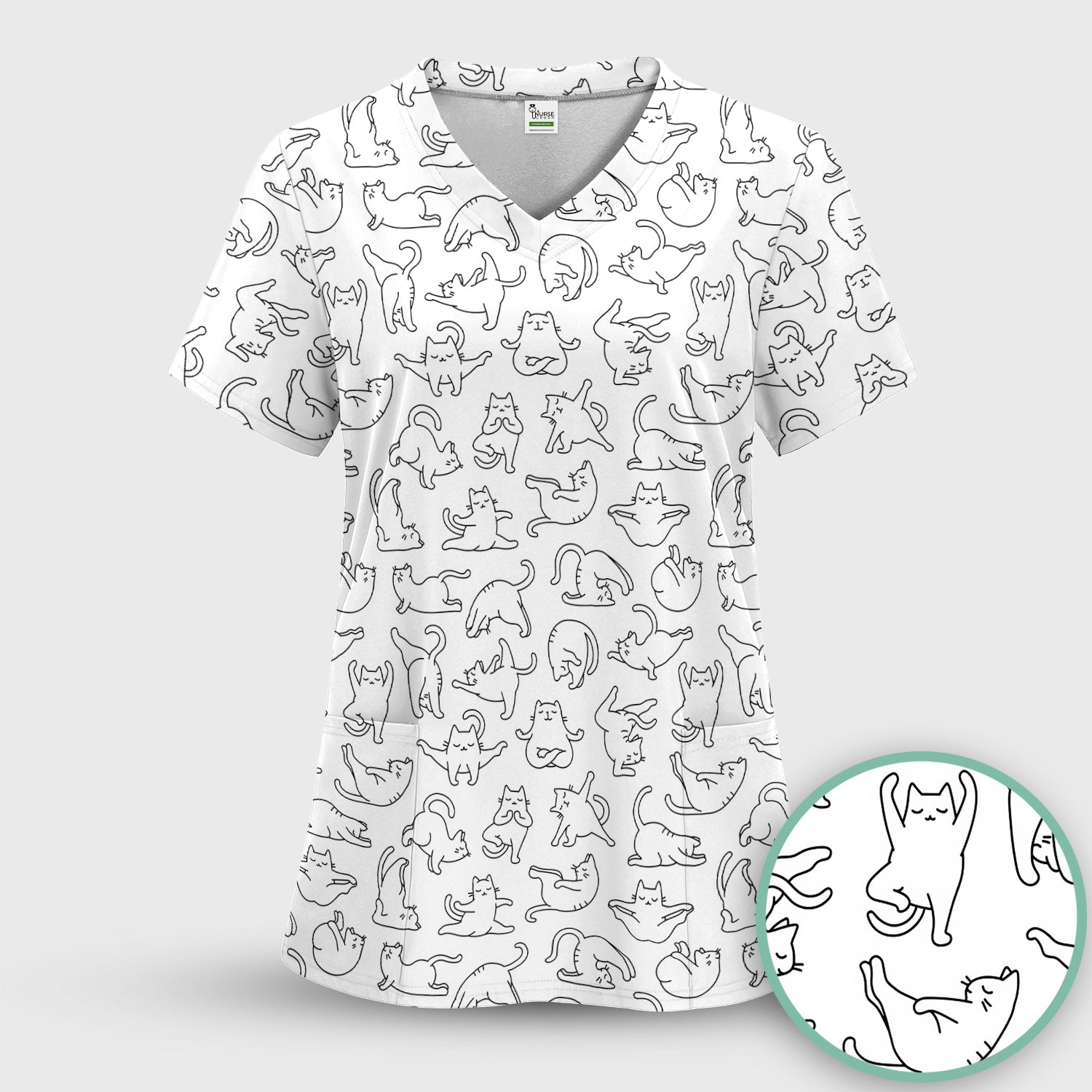 Cute Cat Outline Playing Pattern Scrub Top, Colorful Gothic Nurse Scrubs Uniform