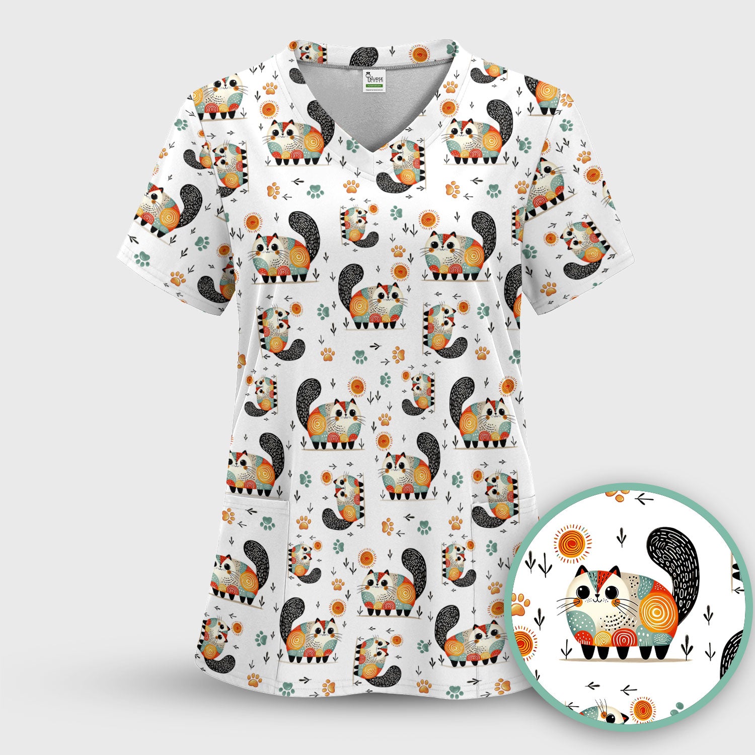 Playful Cat Illustration Nurse Scrub Top, Comfortable Scrubs for Nurses