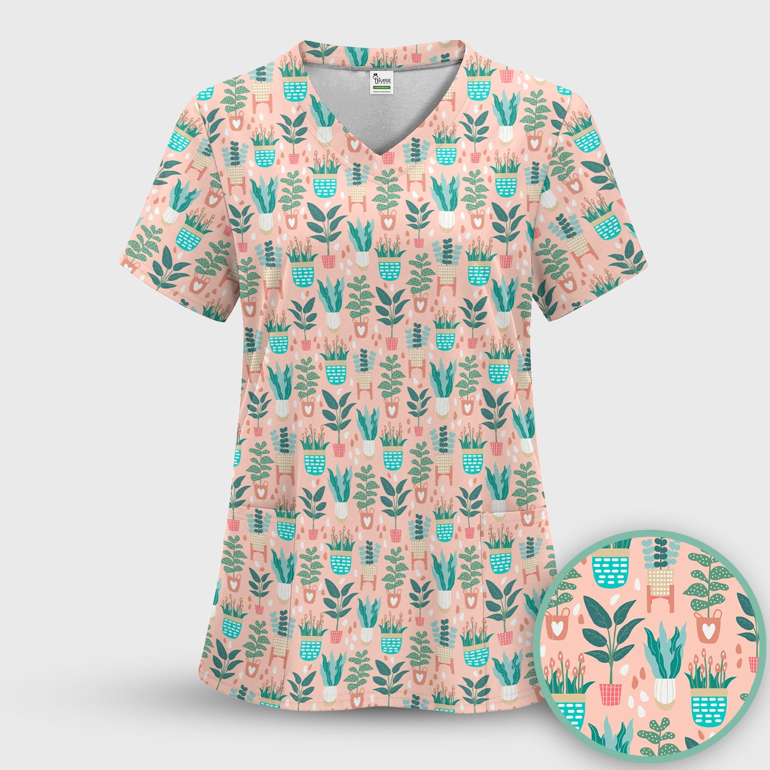 Potted Houseplant Leaves Pattern Scrub Top, Comfortable Scrubs for Nurses