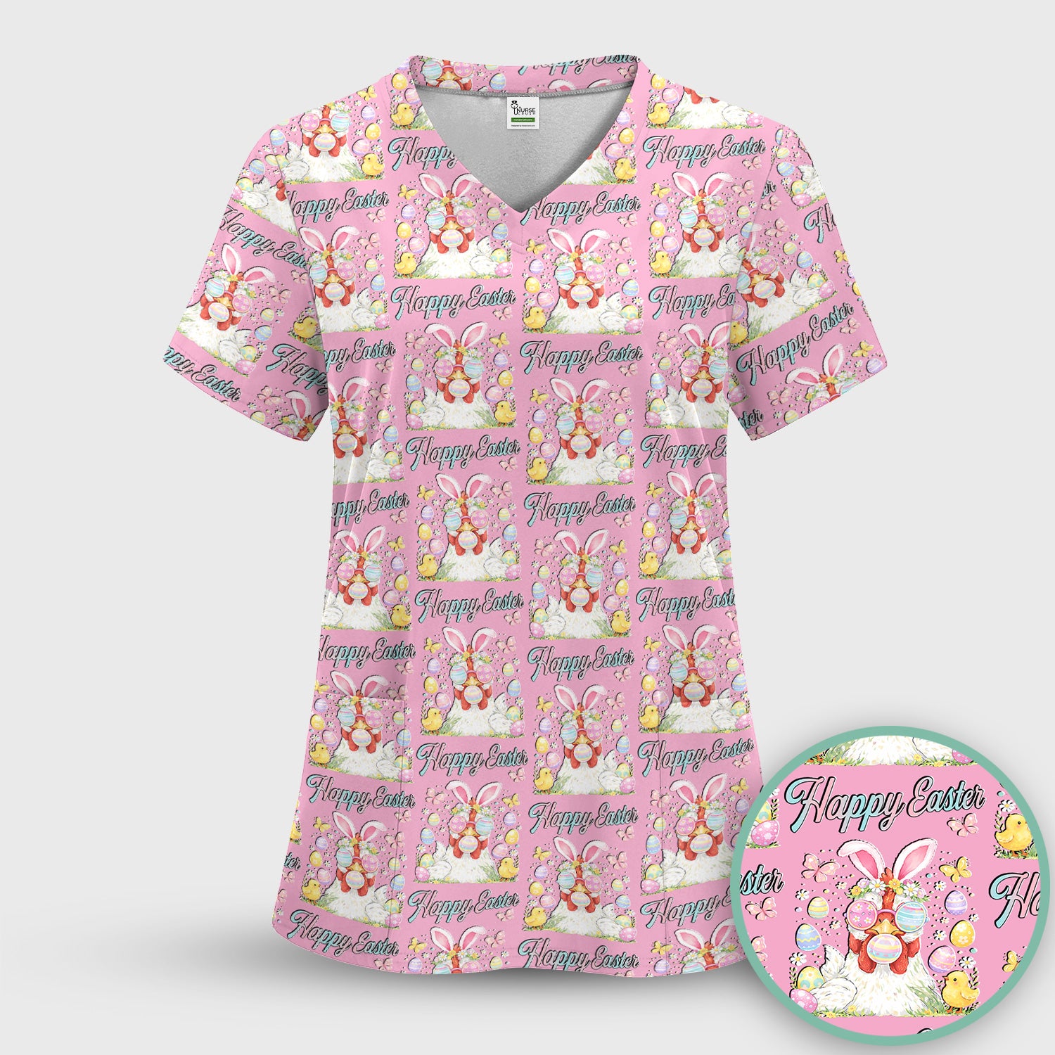 Happy Easter Bunny Eggs Pattern Scrub Top, Comfortable Scrubs for Nurses