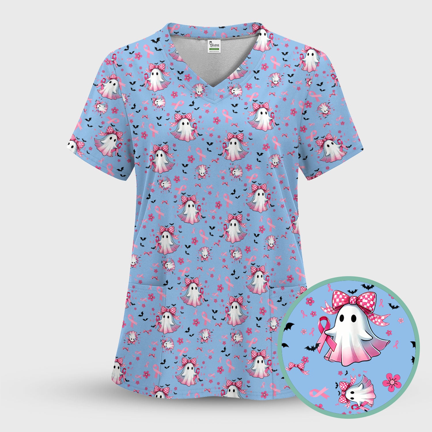 Breast Cancer Awareness Ghost Scrub Top for Women - Pink Ribbon Halloween Nurse Shirt - Cute Spooky Medical Uniform RN LPN CNA Gift