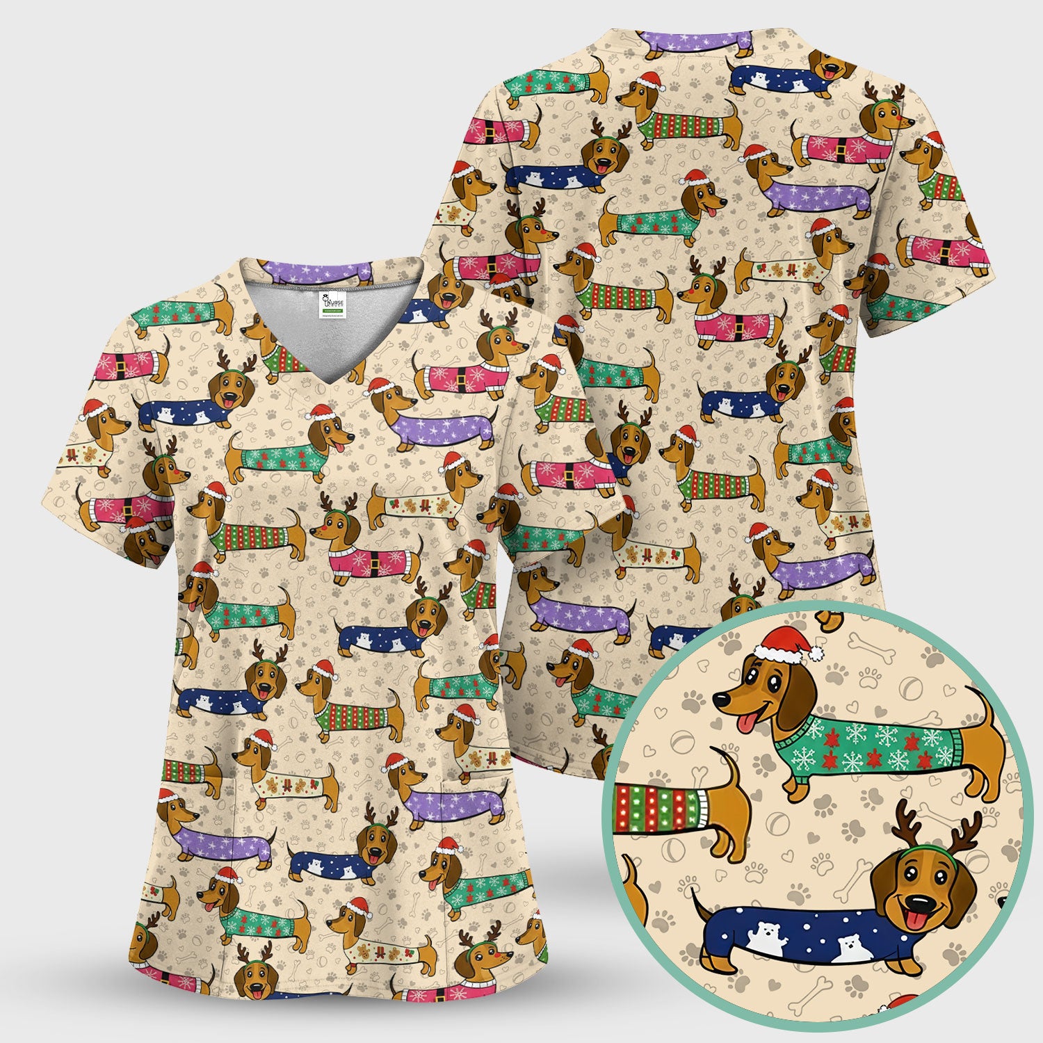 Funny Dachshund Dog Christmas Scrub Top for Nurses - Holiday Reindeer Wiener Dog Shirt - Cute Vet Tech Uniform Gift