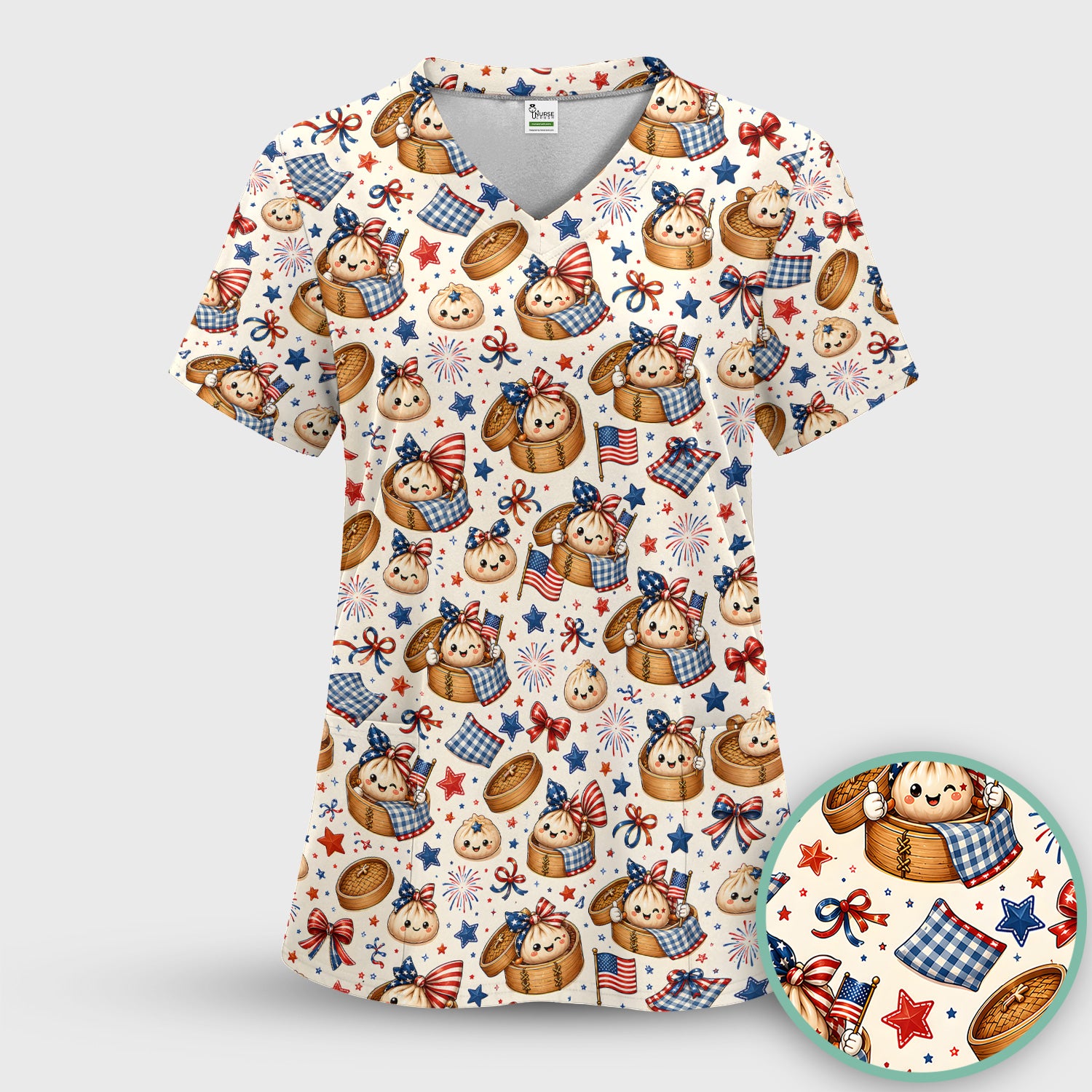 Patriotic Dumpling Nurse Pattern Scrub Set, Scrub Pants and V Neck Top