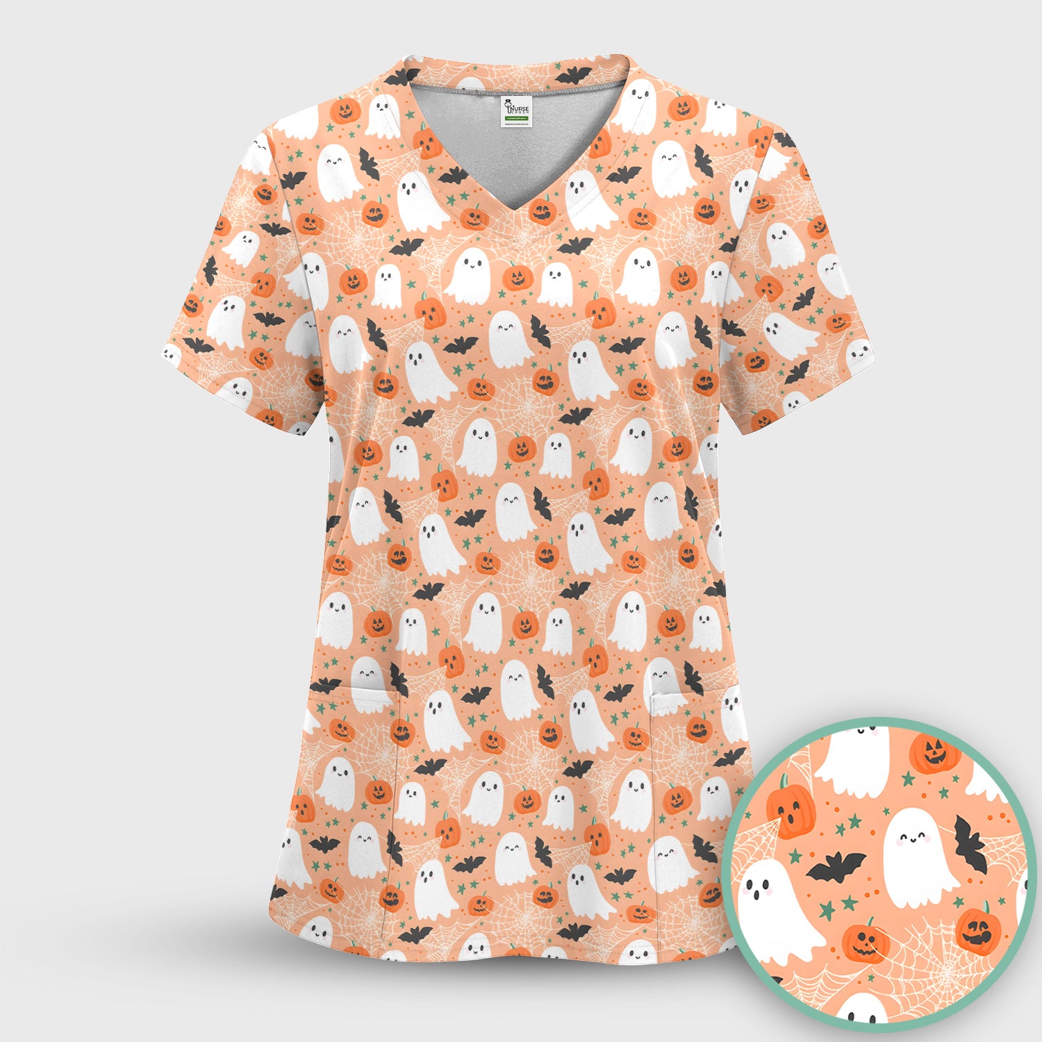 Cute Halloween Ghost And Pumpkin Scrub Top, Comfortable Scrubs for Nurses