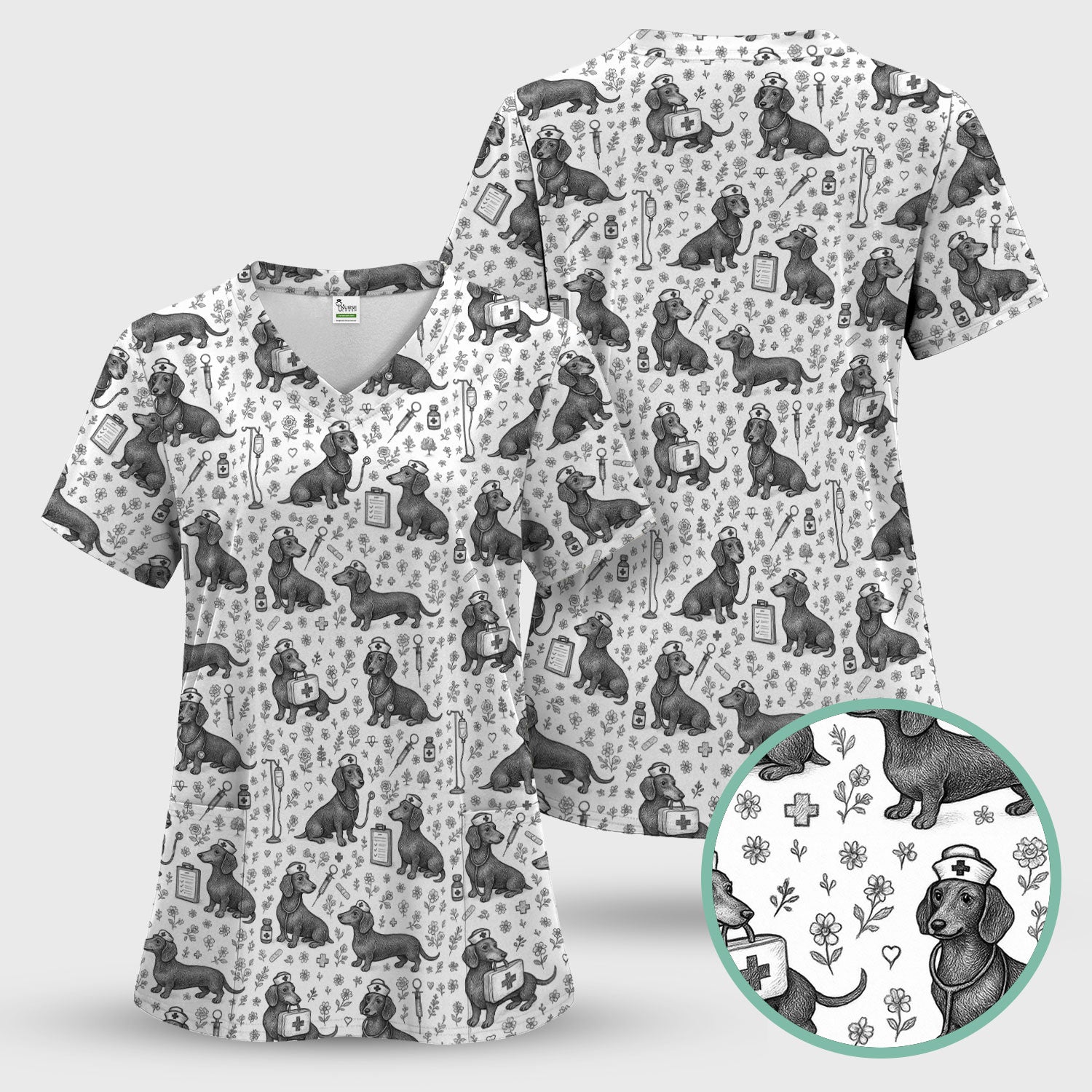 Vintage Dachshund Scrub Set - Artistic Dog Pattern Medical Scrubs - Cute Pet Lover Nurse Gift for Women