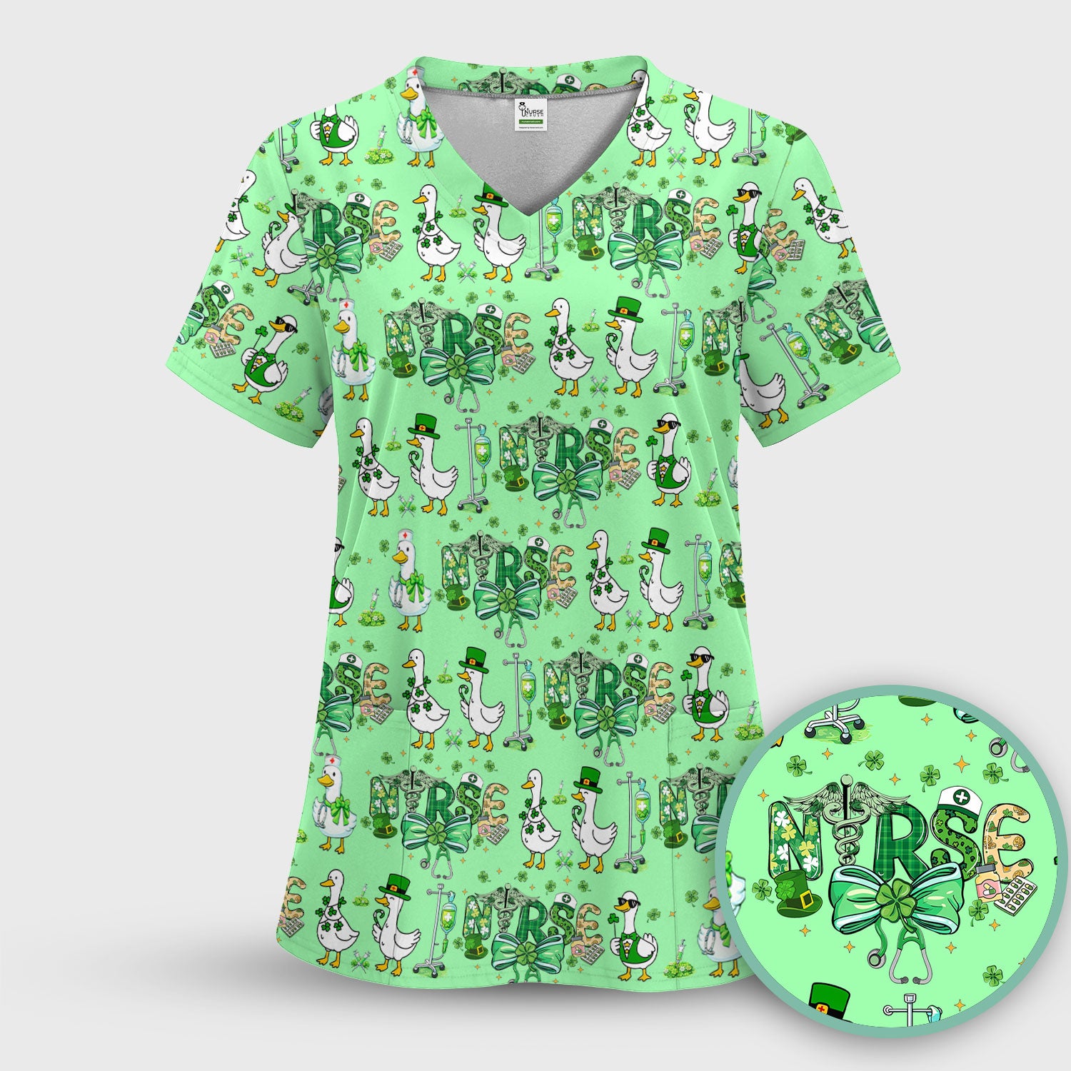 Funny Goose Nurse Shamrock Scrub Top, St. Patrick’s Day Nurse Pattern Shirt, Breathable Fabrics Nursing Uniform