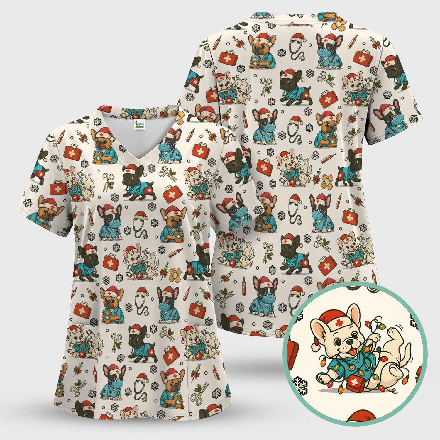 Christmas Dog Nurse Scrub Set for Women - Cute French Bulldog Pattern Scrub Top and Pants - Funny Holiday Nursing Outfit Gift for RN LPN CNA