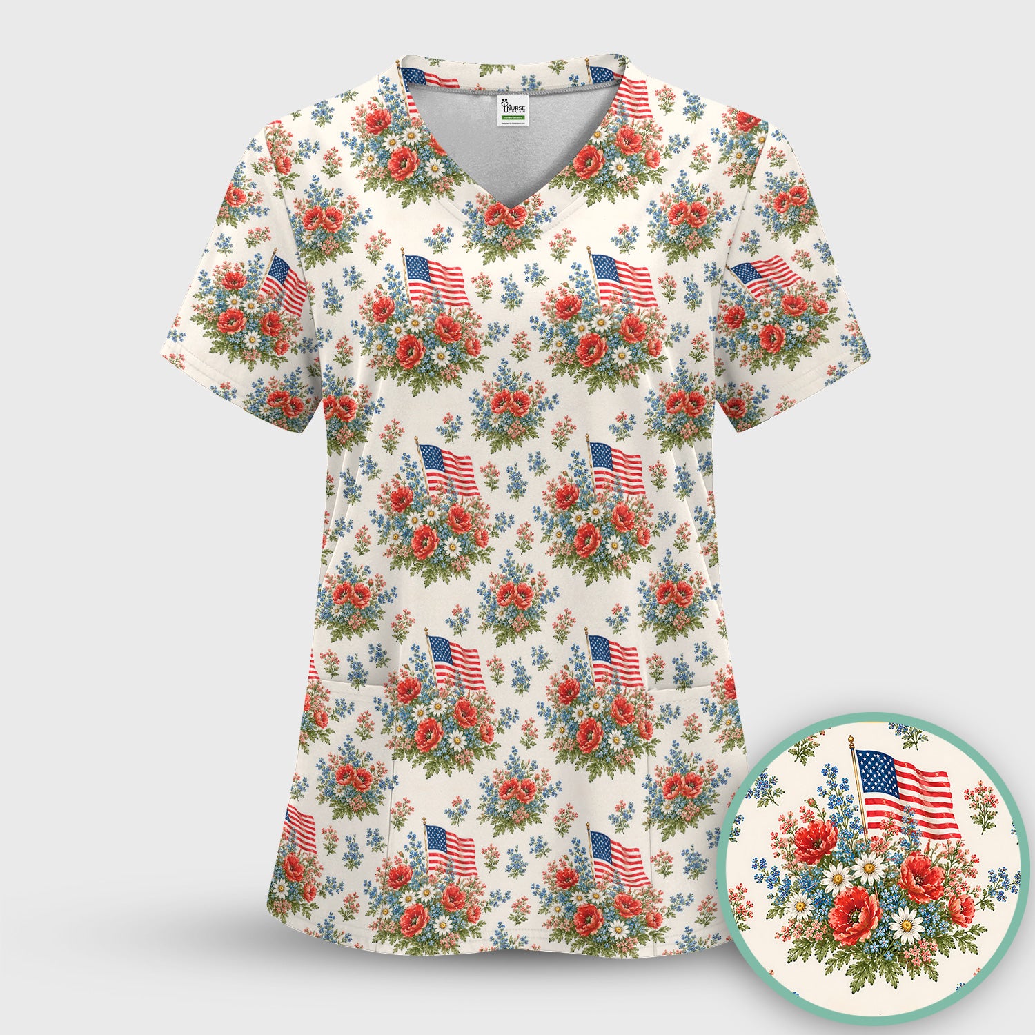 Patriotic Floral With USA Flag Pattern Scrub Set, Scrub Pants and V Neck Top