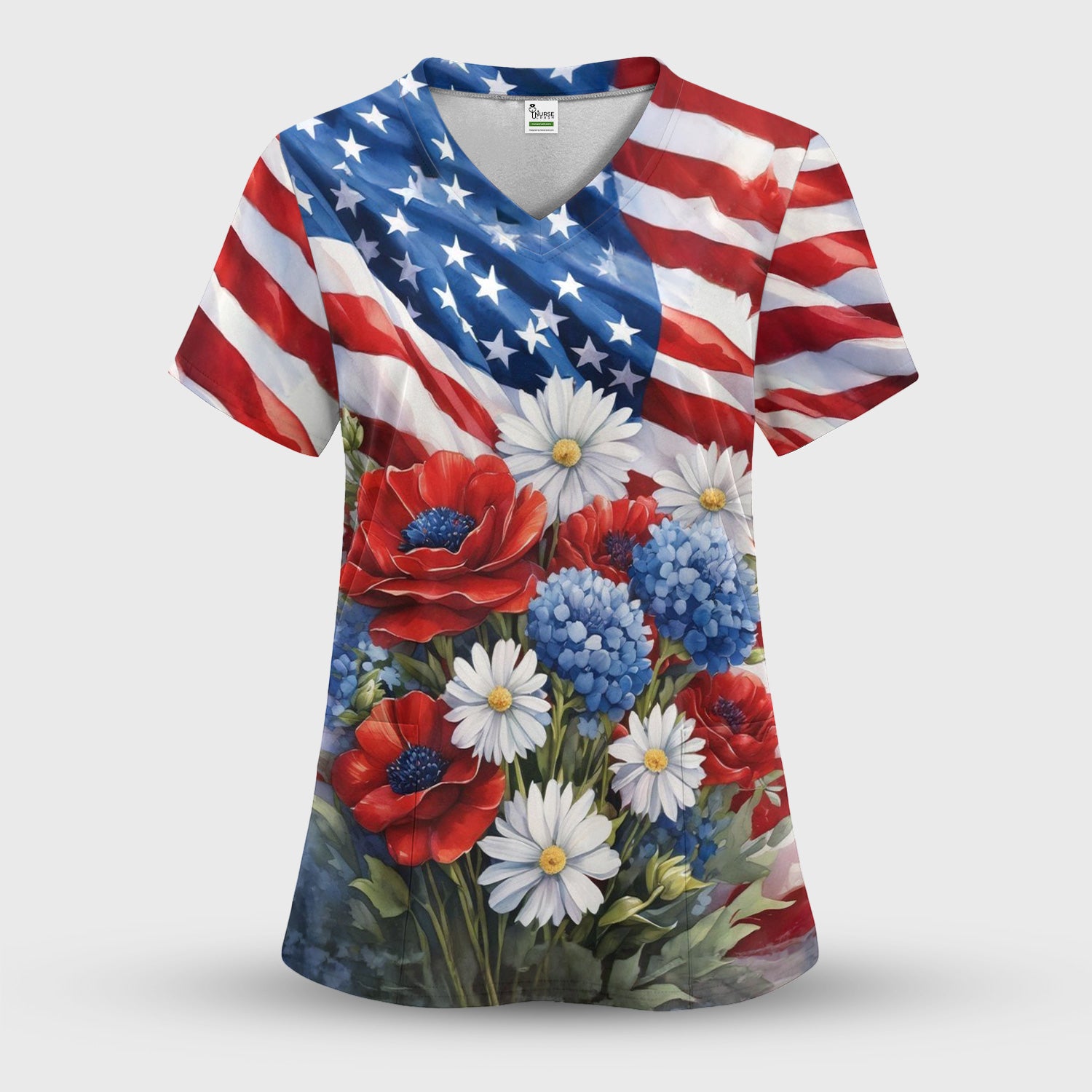 Festive US Flag Floral Bouquet Pattern Scrub Top, Comfortable Scrubs for Nurses