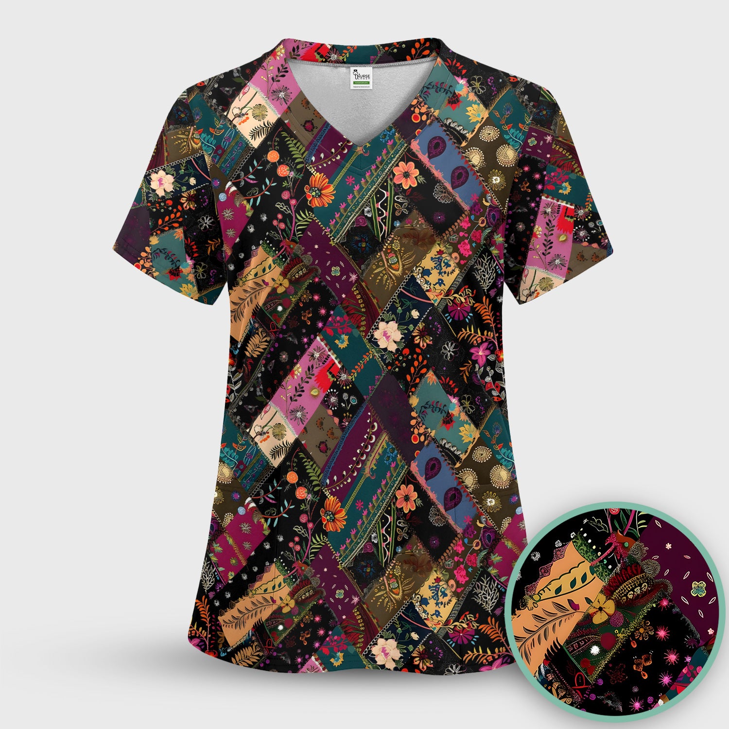 Colorful Bohemian Floral Patchwork Scrub Set, Scrub Pants and V Neck Top