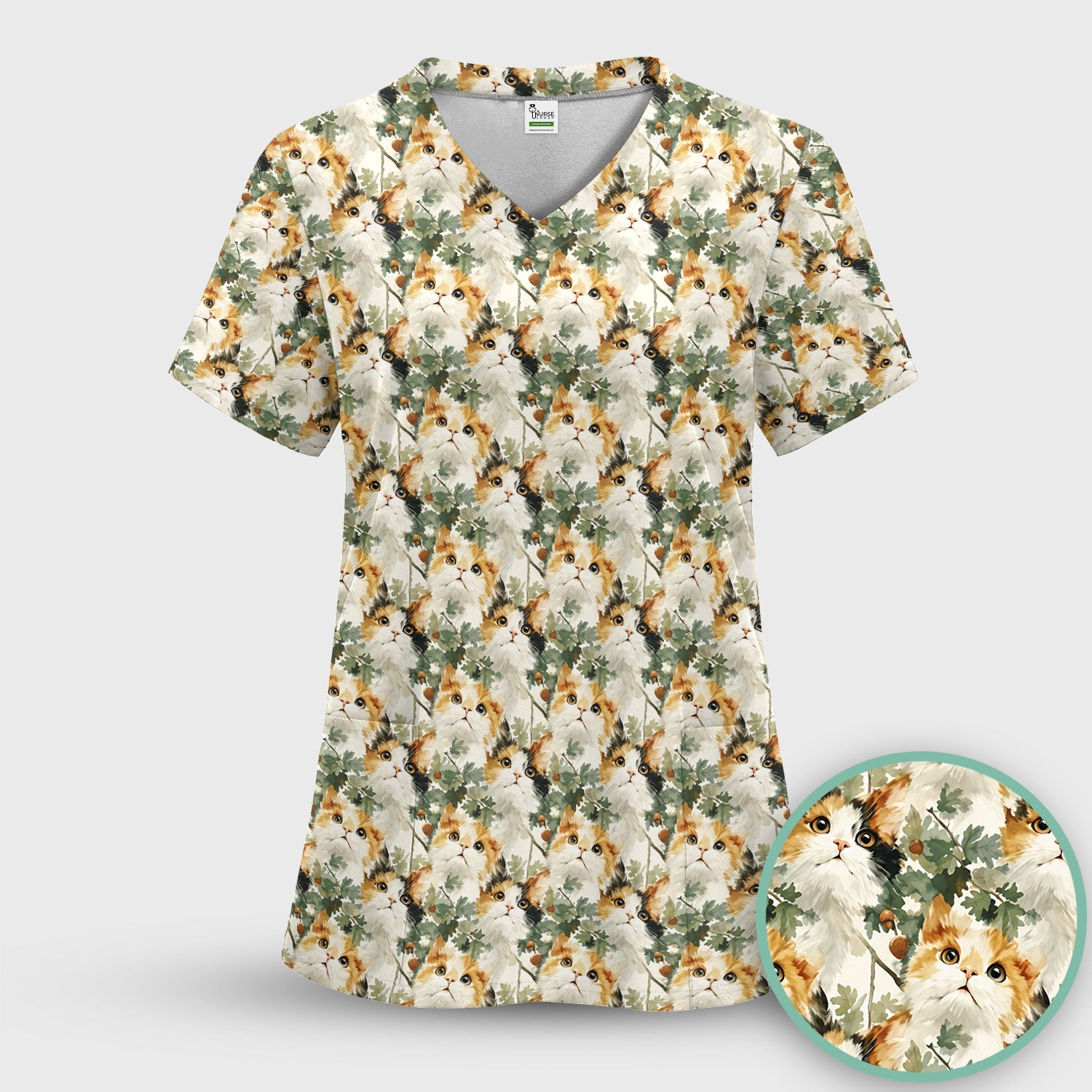 Fluffy Calico Cat Oak Leaves Pattern Scrub Top, Comfortable Scrubs for Nurses